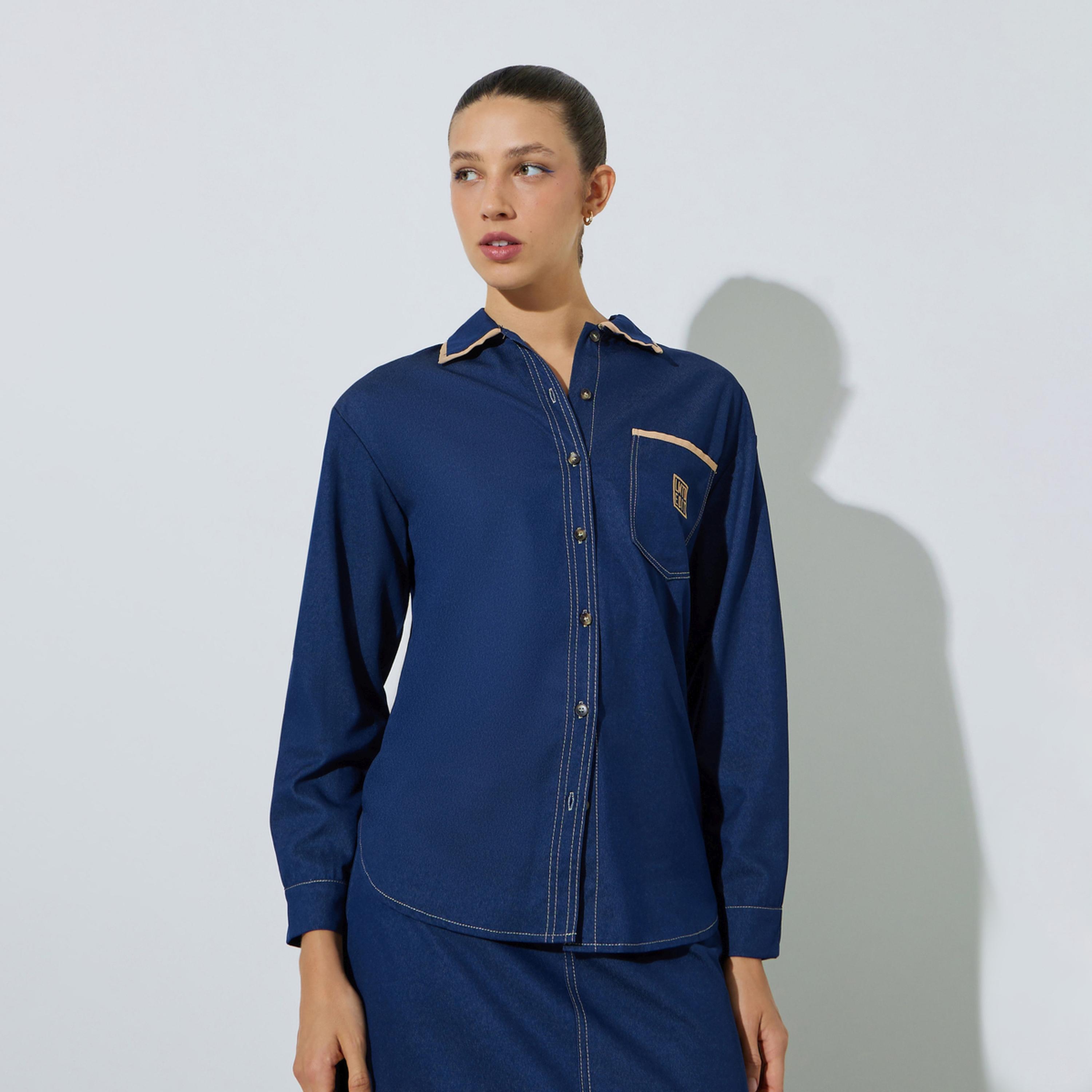 ستايلي - قميص جينز أزرق داكن بخياطة متباينة-women-clothing-shirtsandblouses-shirts-image-1