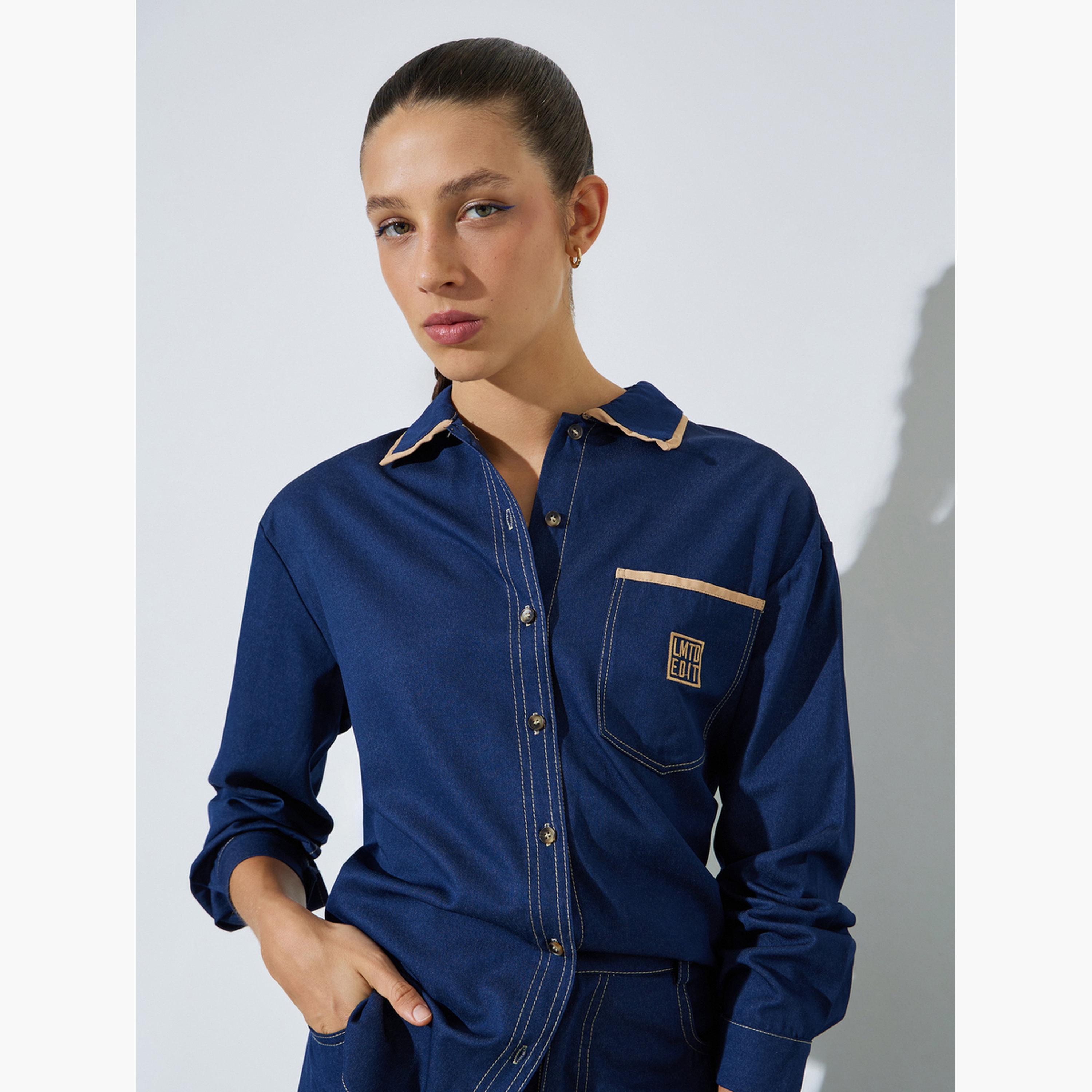 ستايلي - قميص جينز أزرق داكن بخياطة متباينة-women-clothing-shirtsandblouses-shirts-image-3