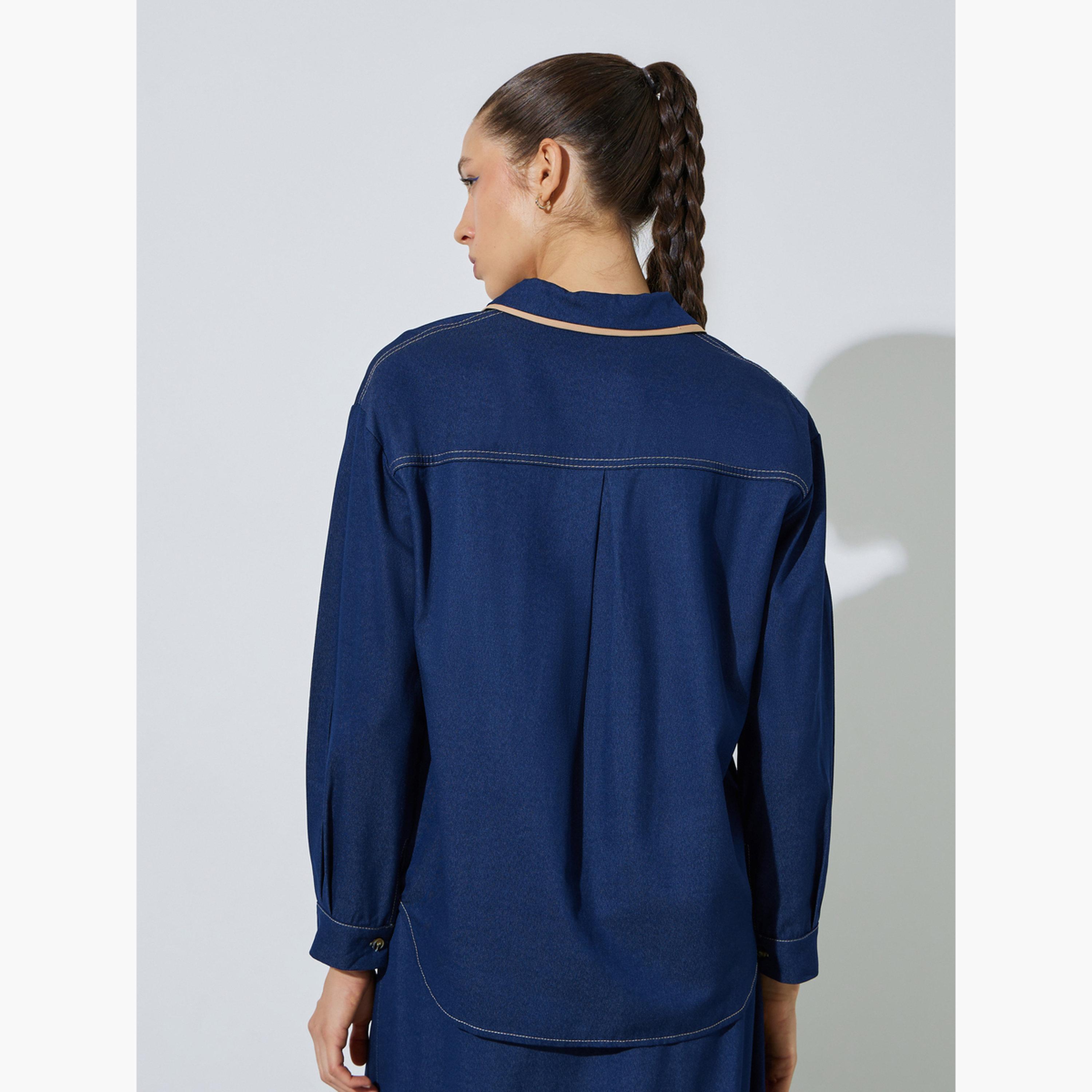 ستايلي - قميص جينز أزرق داكن بخياطة متباينة-women-clothing-shirtsandblouses-shirts-image-4
