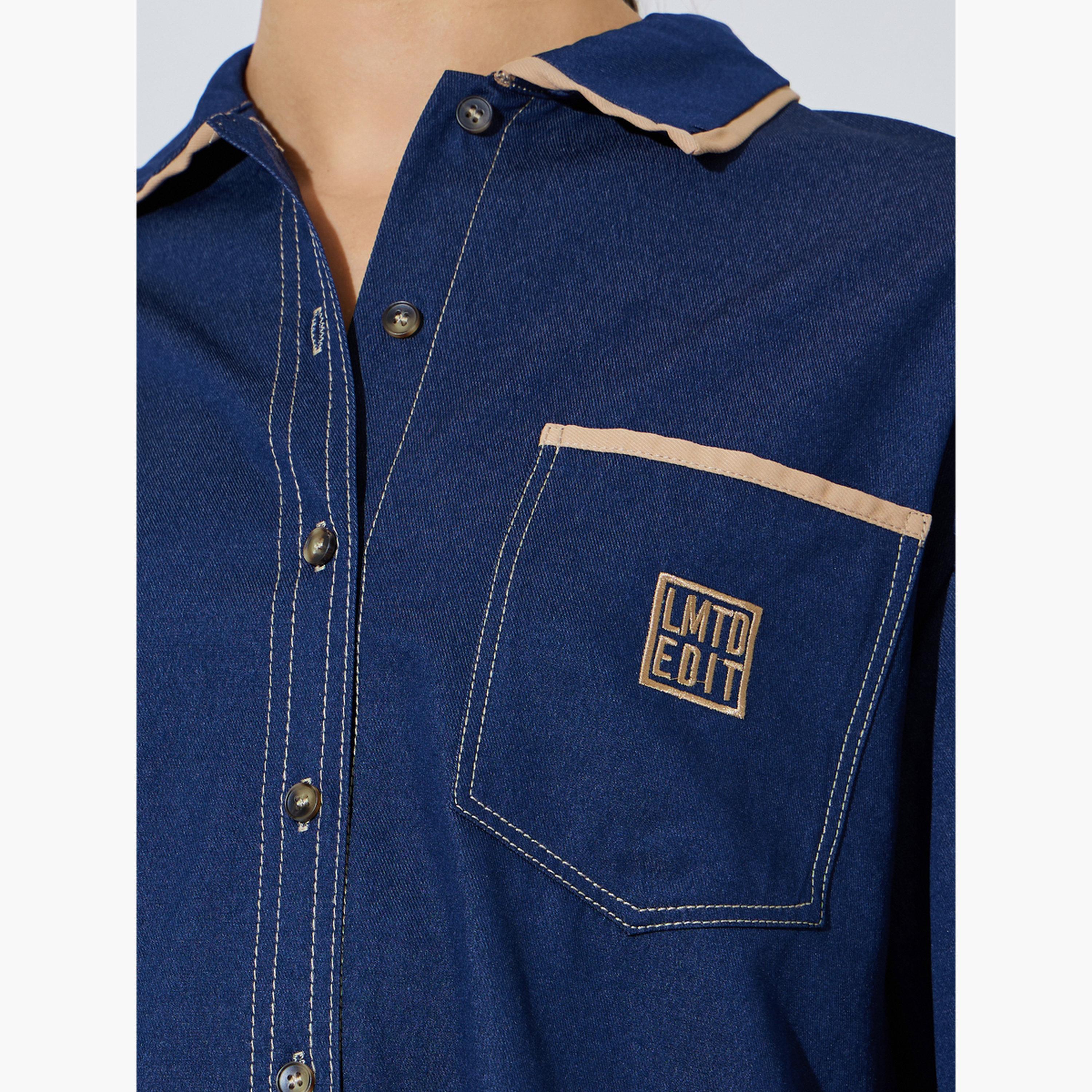 ستايلي - قميص جينز أزرق داكن بخياطة متباينة-women-clothing-shirtsandblouses-shirts-image-5