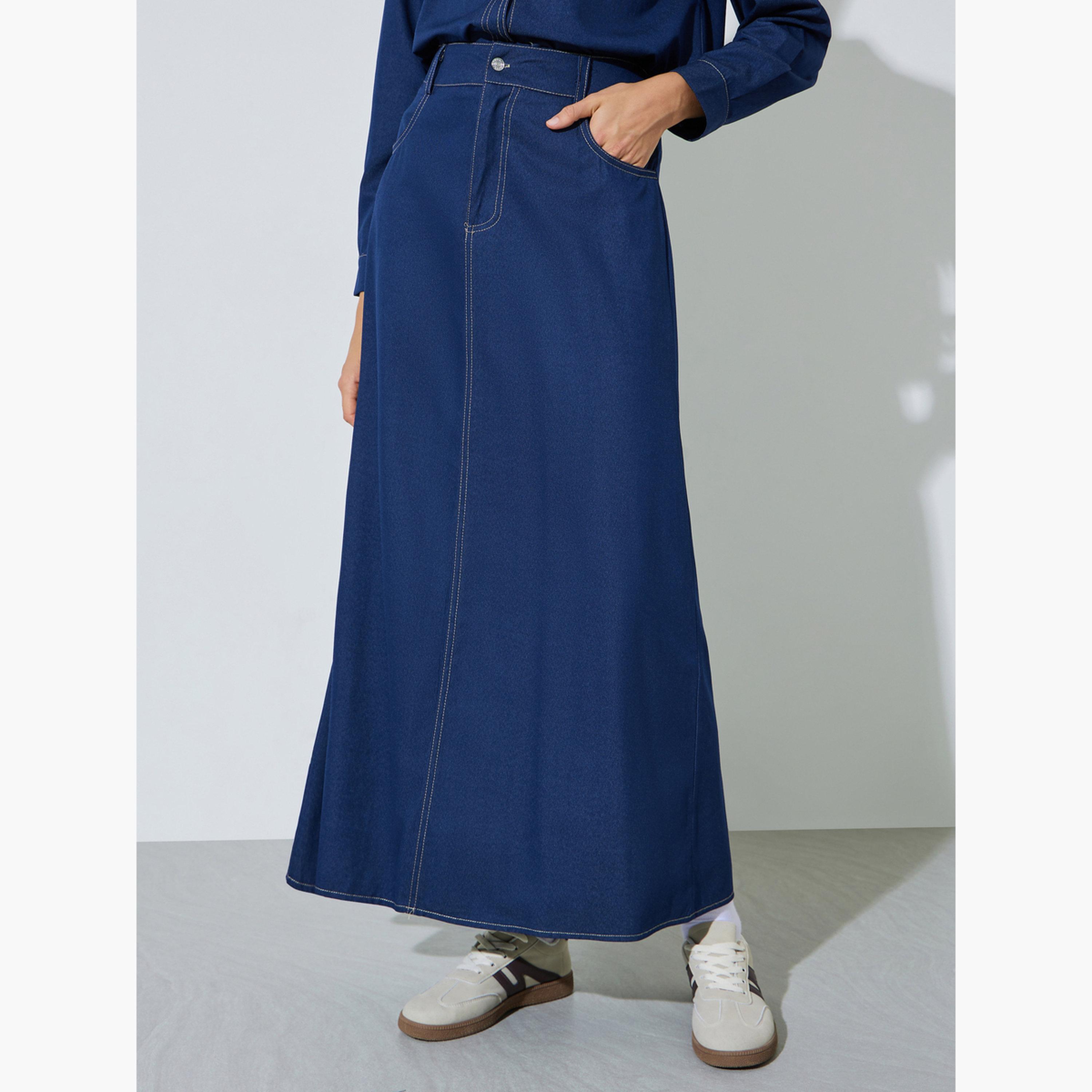 Styli Navy Blue Denim Maxi Skirt-women-clothing-bottoms-skirts-image-1