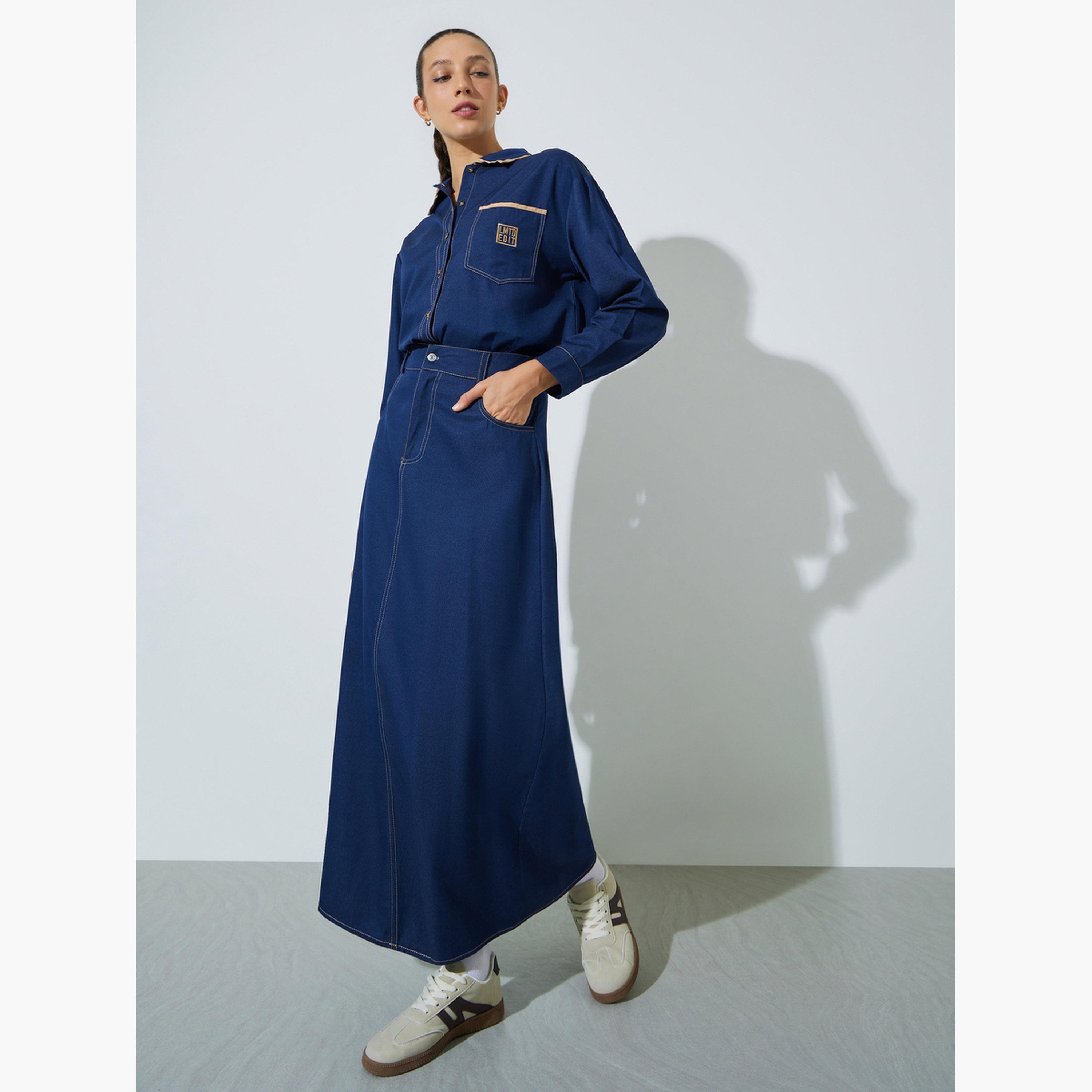 Styli Navy Blue Denim Maxi Skirt-women-clothing-bottoms-skirts-image-2