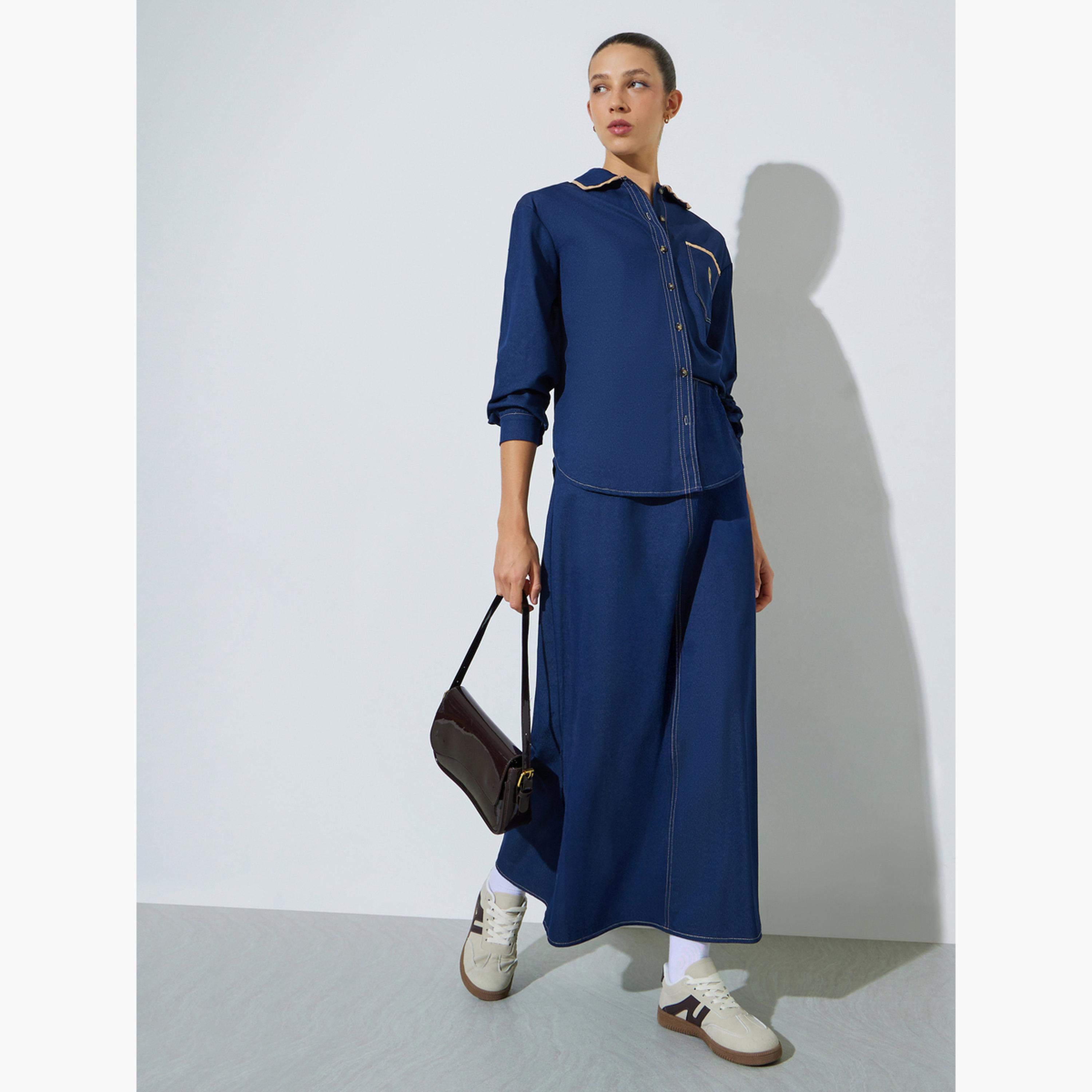 Styli Navy Blue Denim Maxi Skirt-women-clothing-bottoms-skirts-image-5