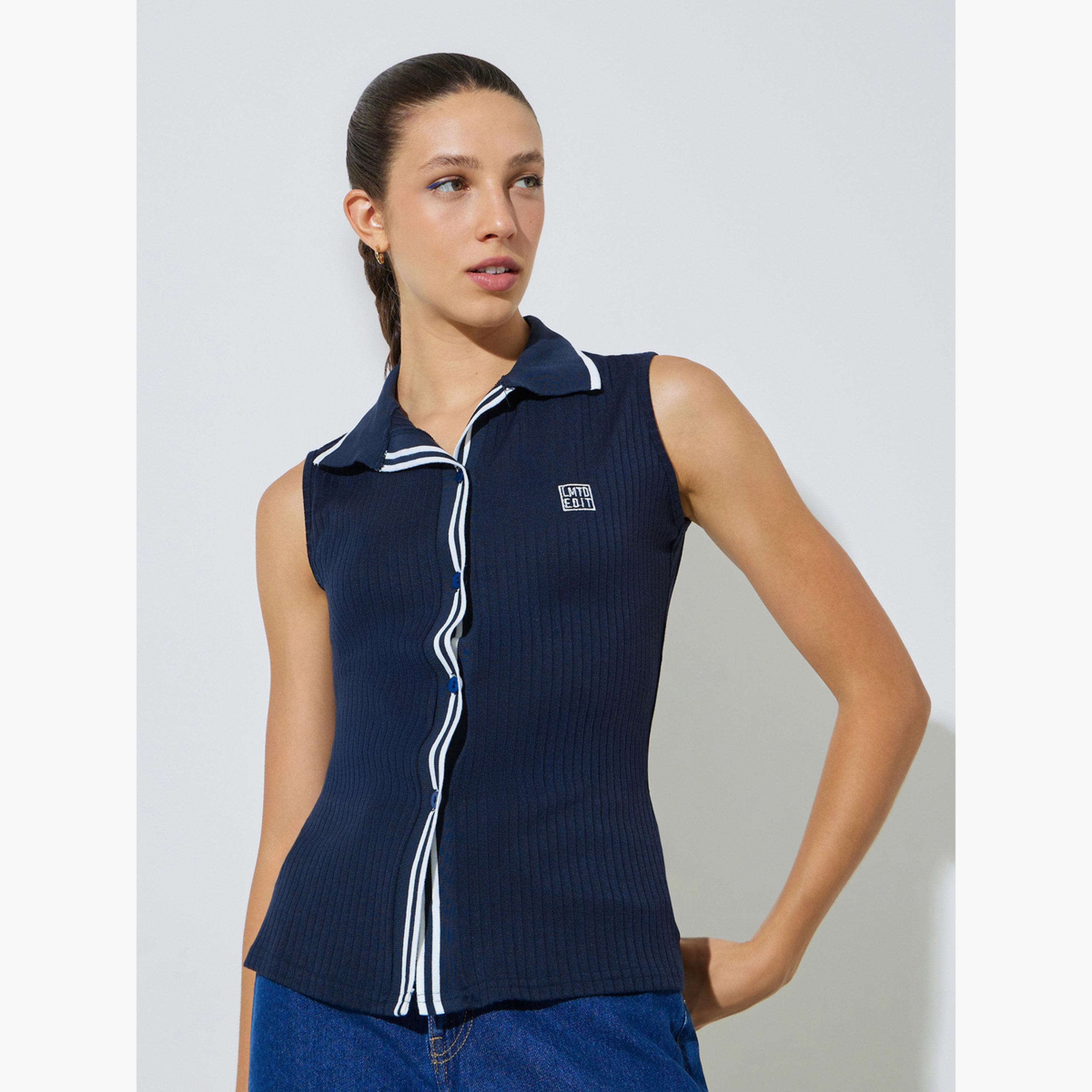 بلوزة محبوكة بلا أكمام مطرزة بياقة بولو-women-clothing-shirtsandblouses-blouses-image-1
