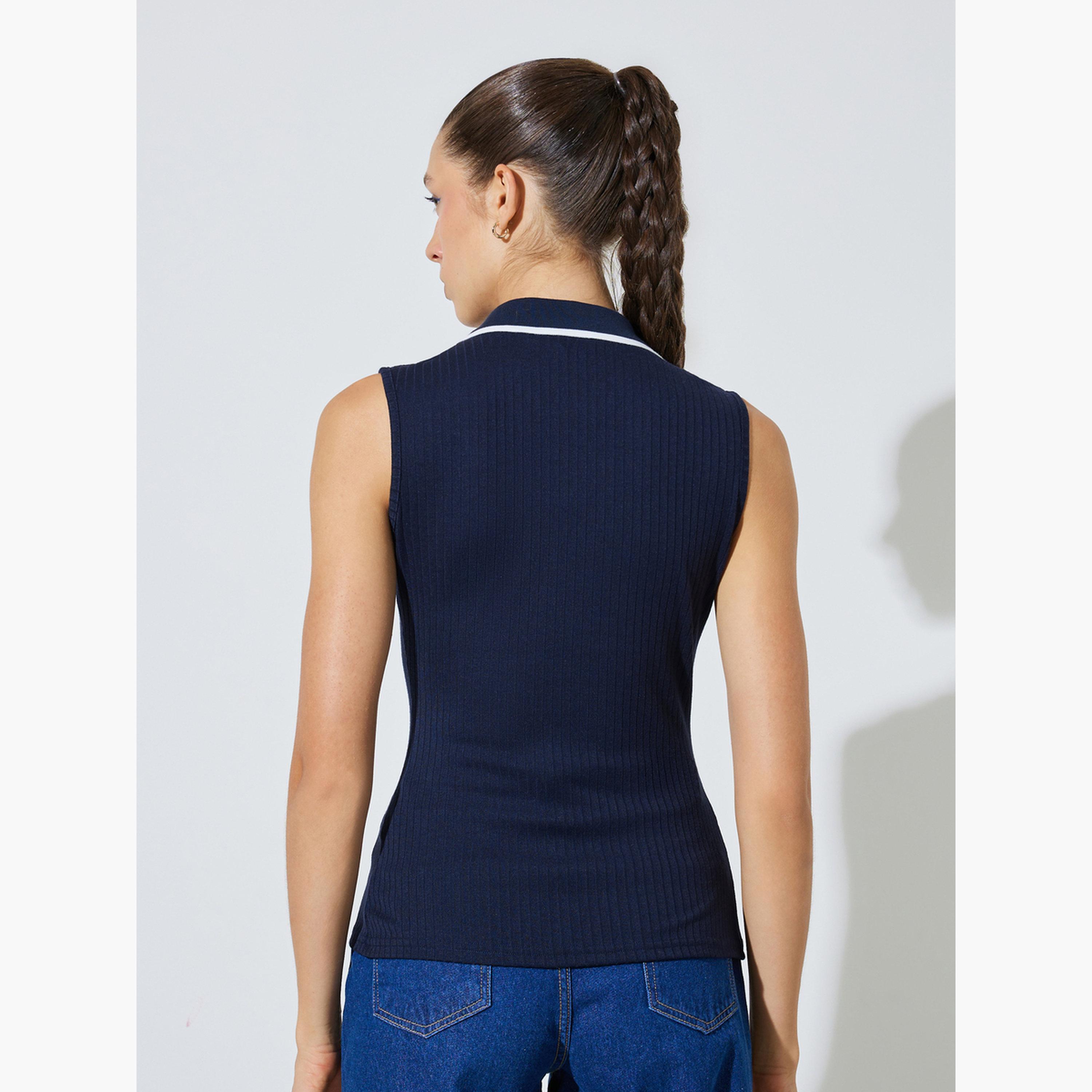 بلوزة محبوكة بلا أكمام مطرزة بياقة بولو-women-clothing-shirtsandblouses-blouses-image-4