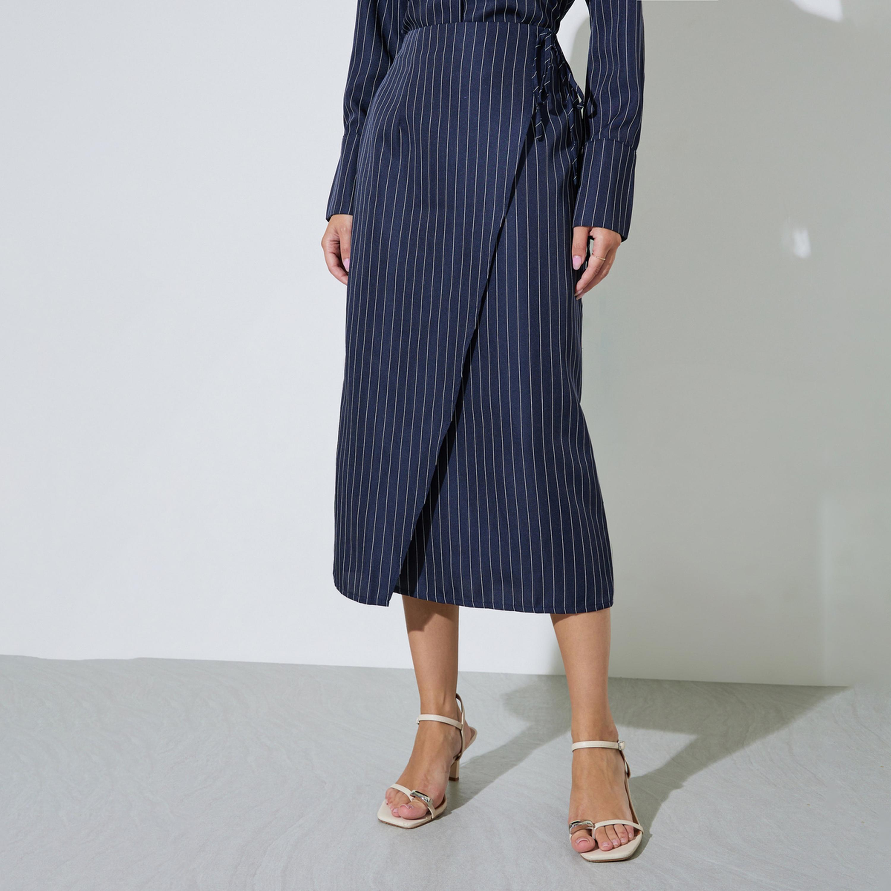Styli Navy Blue Pinstripe Wrap Midi Skirt-women-clothing-bottoms-skirts-image-1