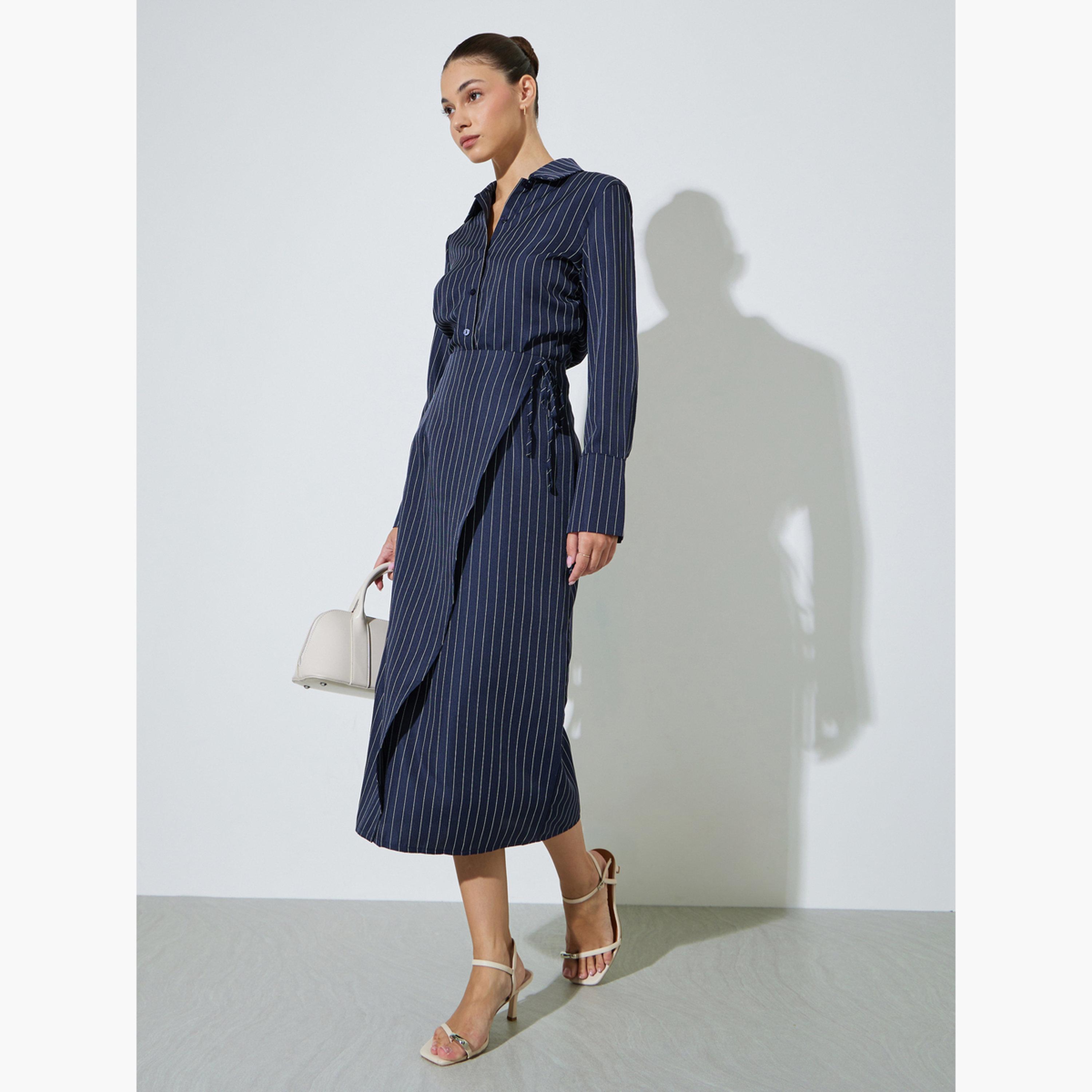 Styli Navy Blue Pinstripe Wrap Midi Skirt-women-clothing-bottoms-skirts-image-2