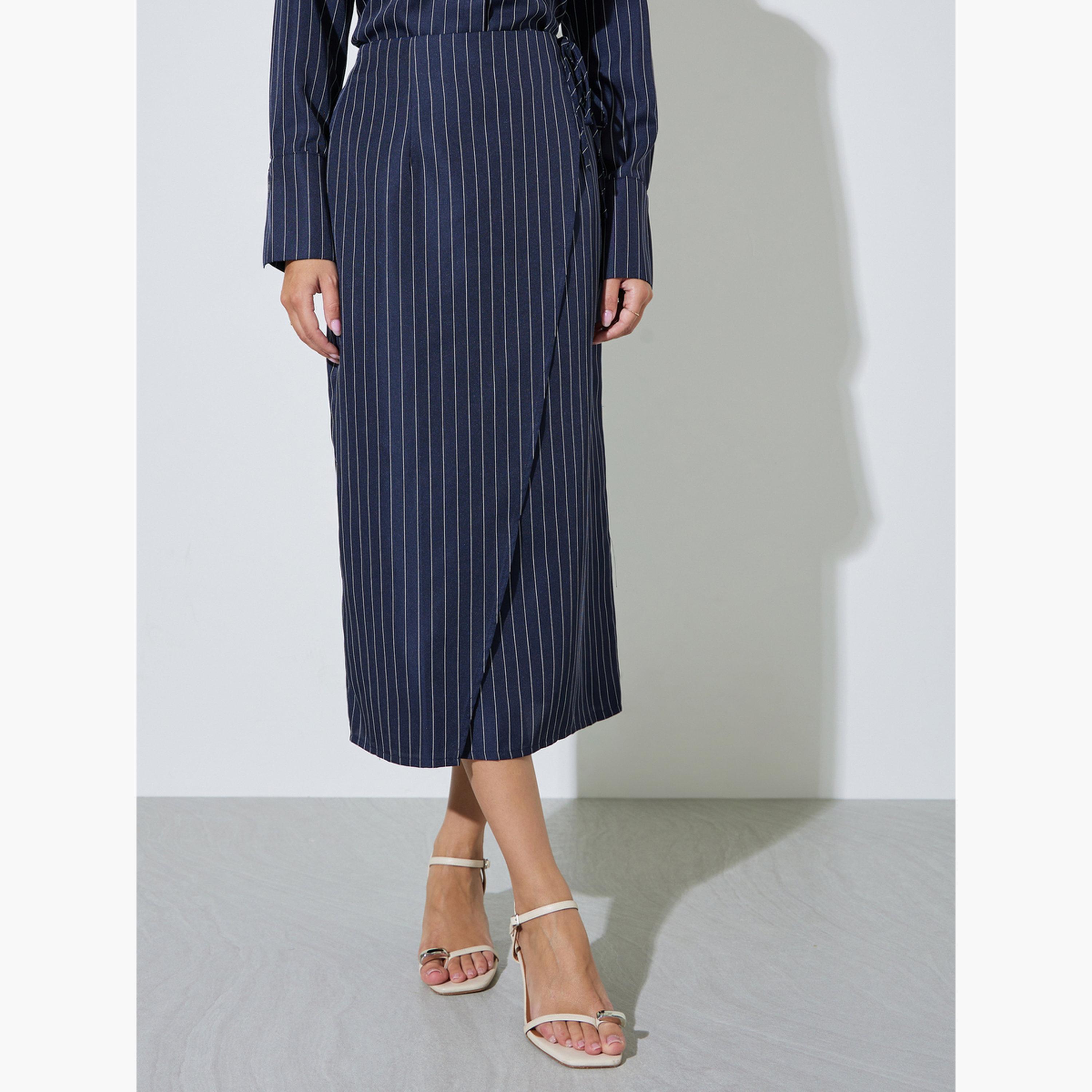 Styli Navy Blue Pinstripe Wrap Midi Skirt-women-clothing-bottoms-skirts-image-3