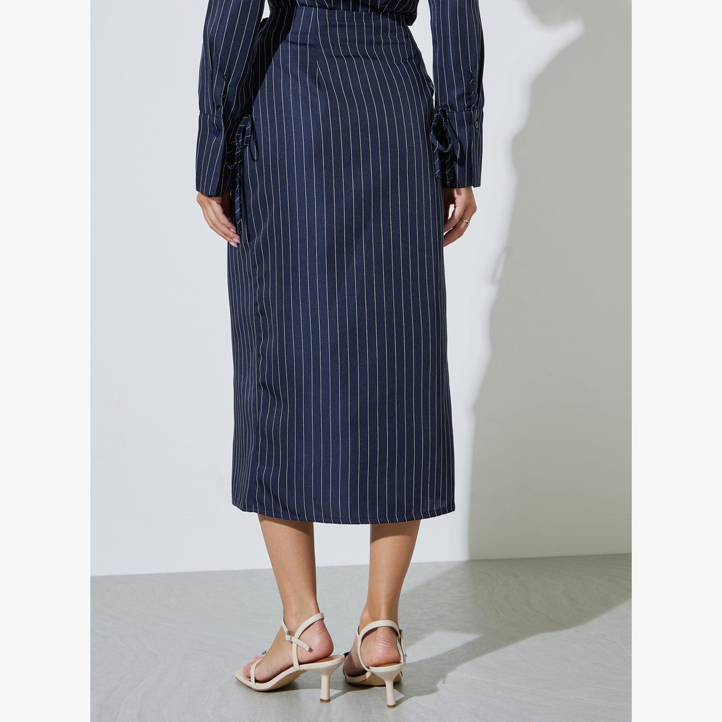 Styli Navy Blue Pinstripe Wrap Midi Skirt-women-clothing-bottoms-skirts-image-5