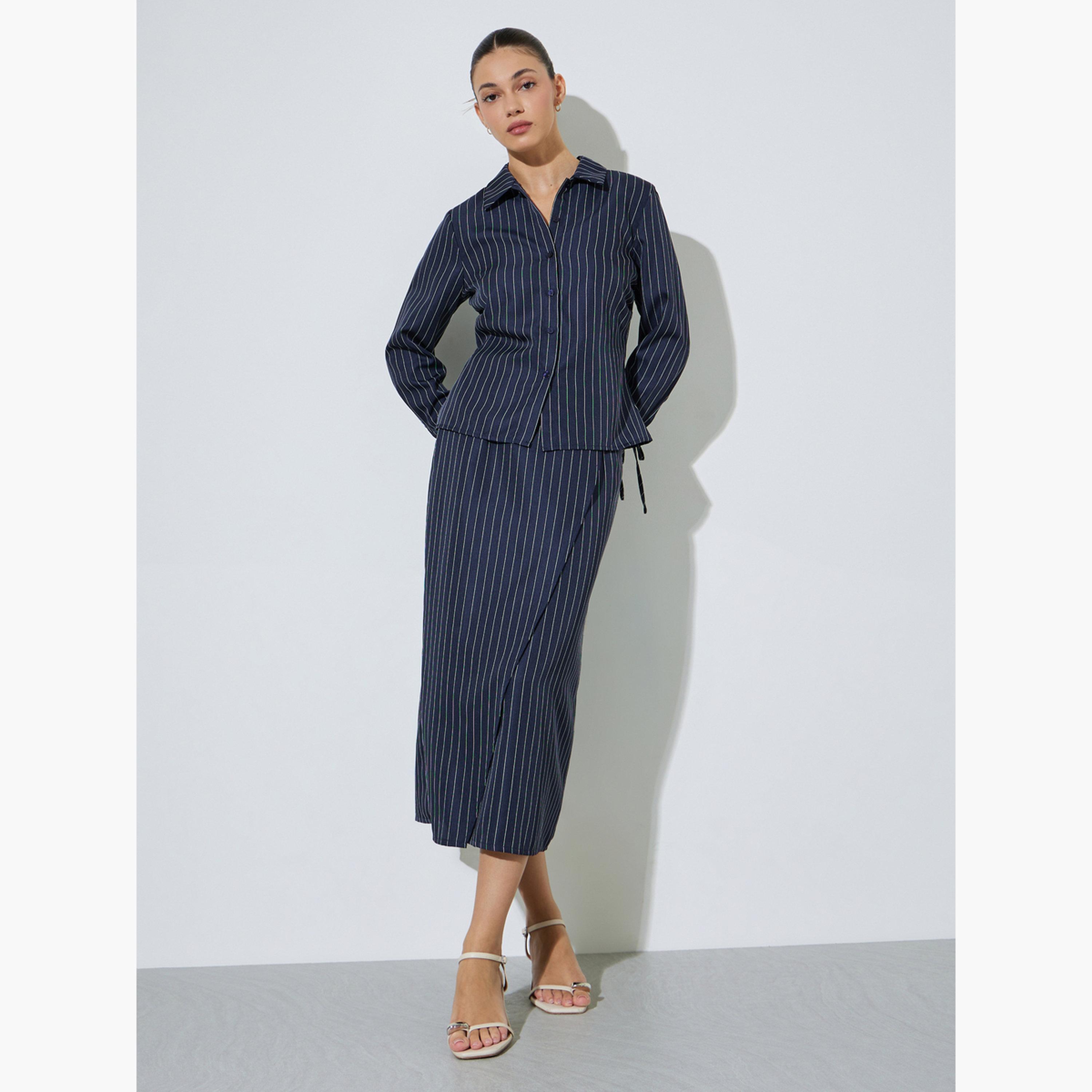 Styli Navy Blue Pinstripe Wrap Midi Skirt-women-clothing-bottoms-skirts-image-6