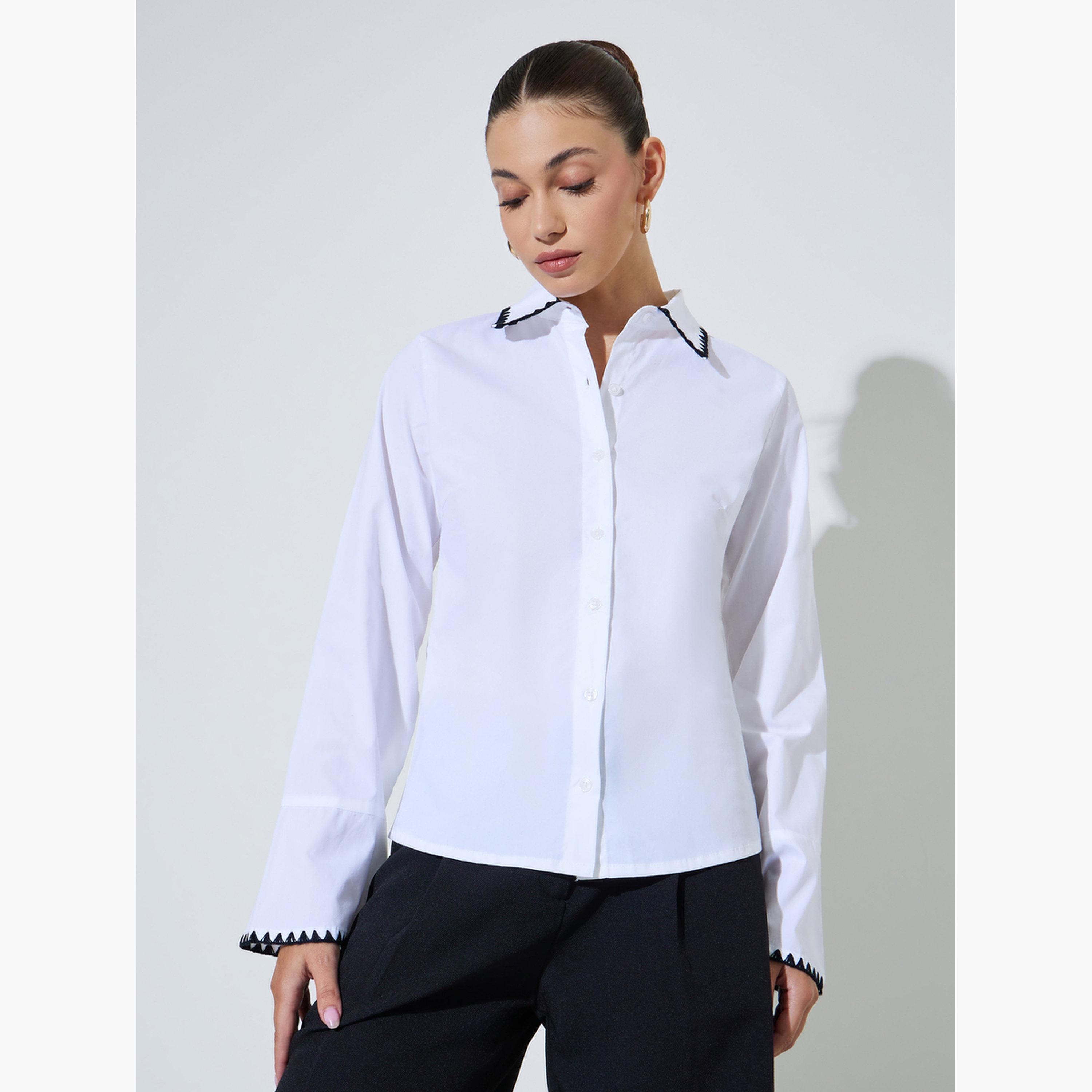 Styli White Cotton Fitted Shirt with Contrast Embroidery-women-clothing-shirtsandblouses-shirts-image-1