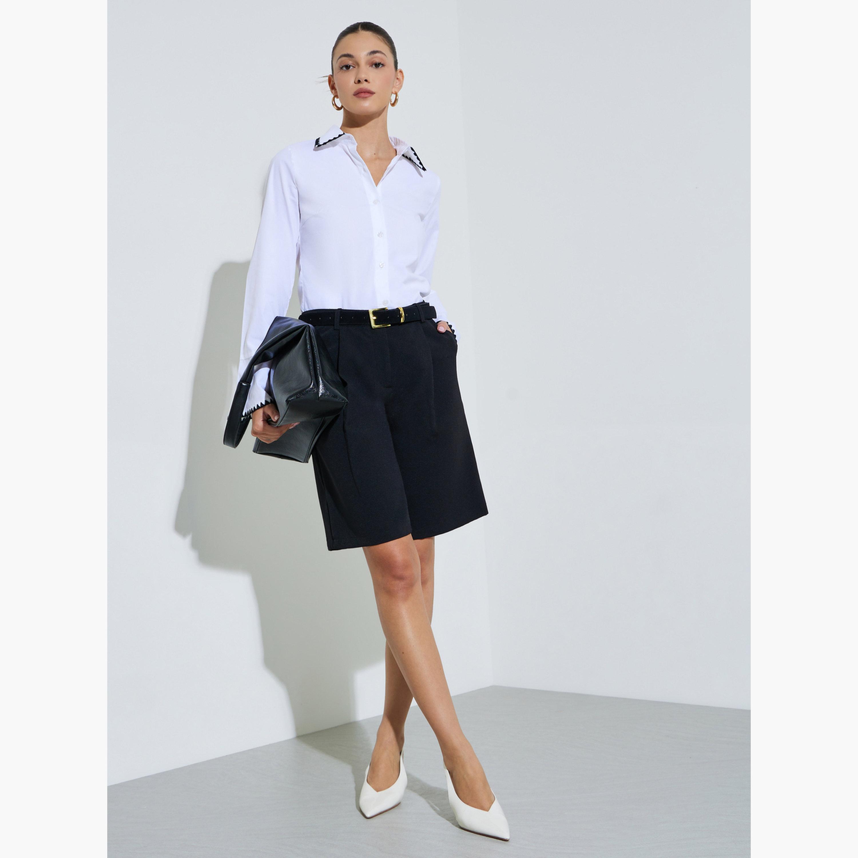 Styli White Cotton Fitted Shirt with Contrast Embroidery-women-clothing-shirtsandblouses-shirts-image-2