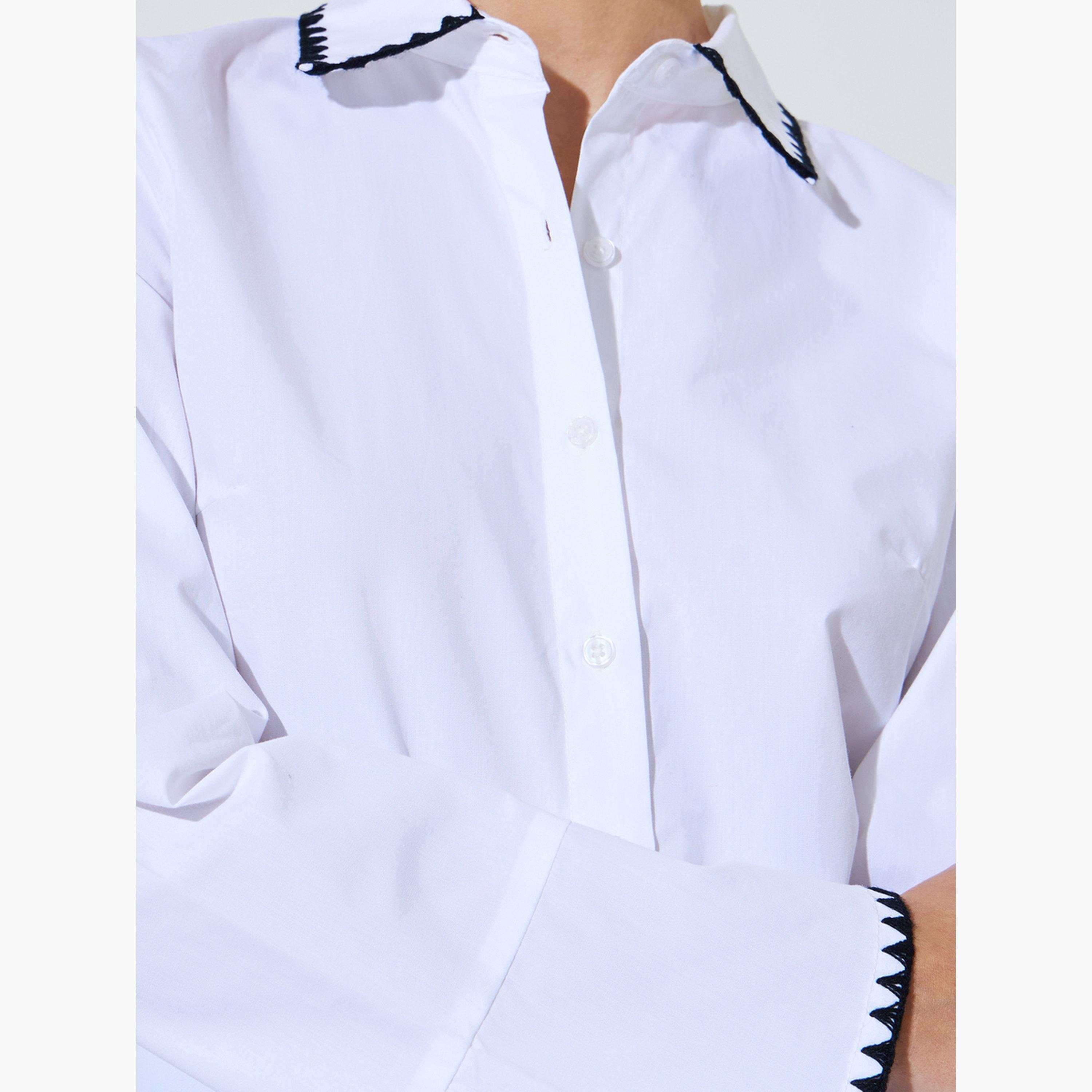 Styli White Cotton Fitted Shirt with Contrast Embroidery-women-clothing-shirtsandblouses-shirts-image-5