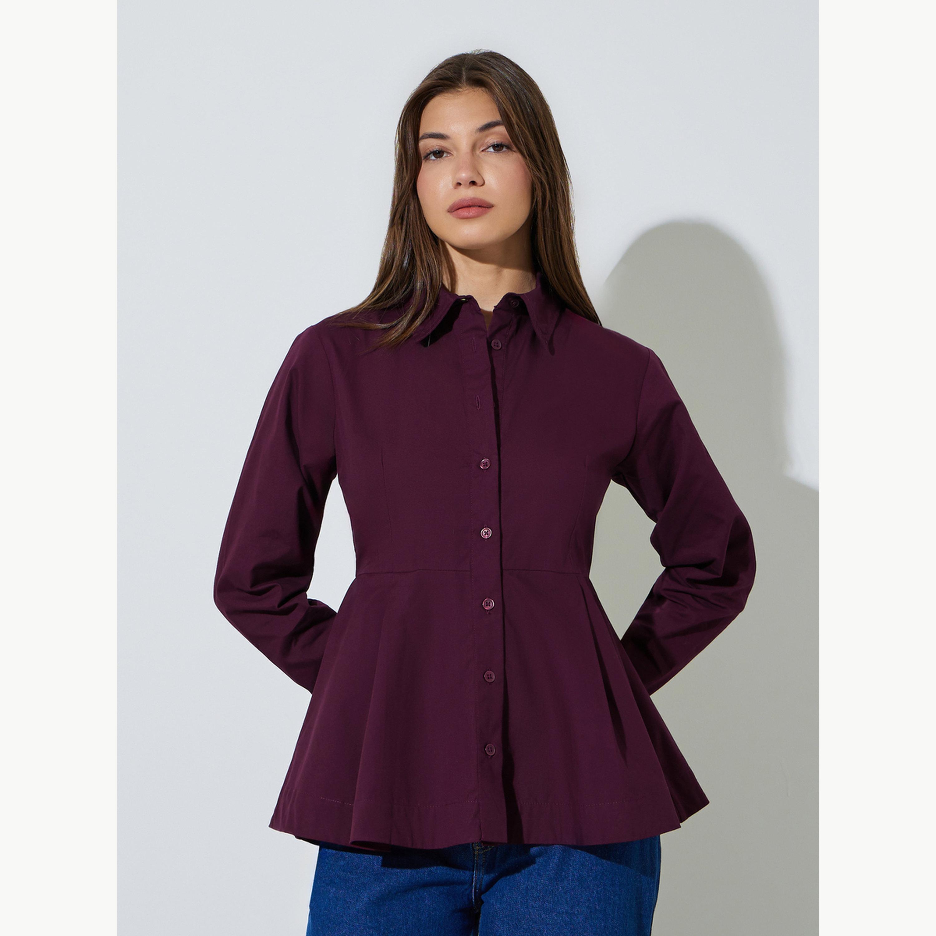 Styli Dark Purple Regular Fit Cotton Peplum Shirt-women-clothing-shirtsandblouses-shirts-image-1