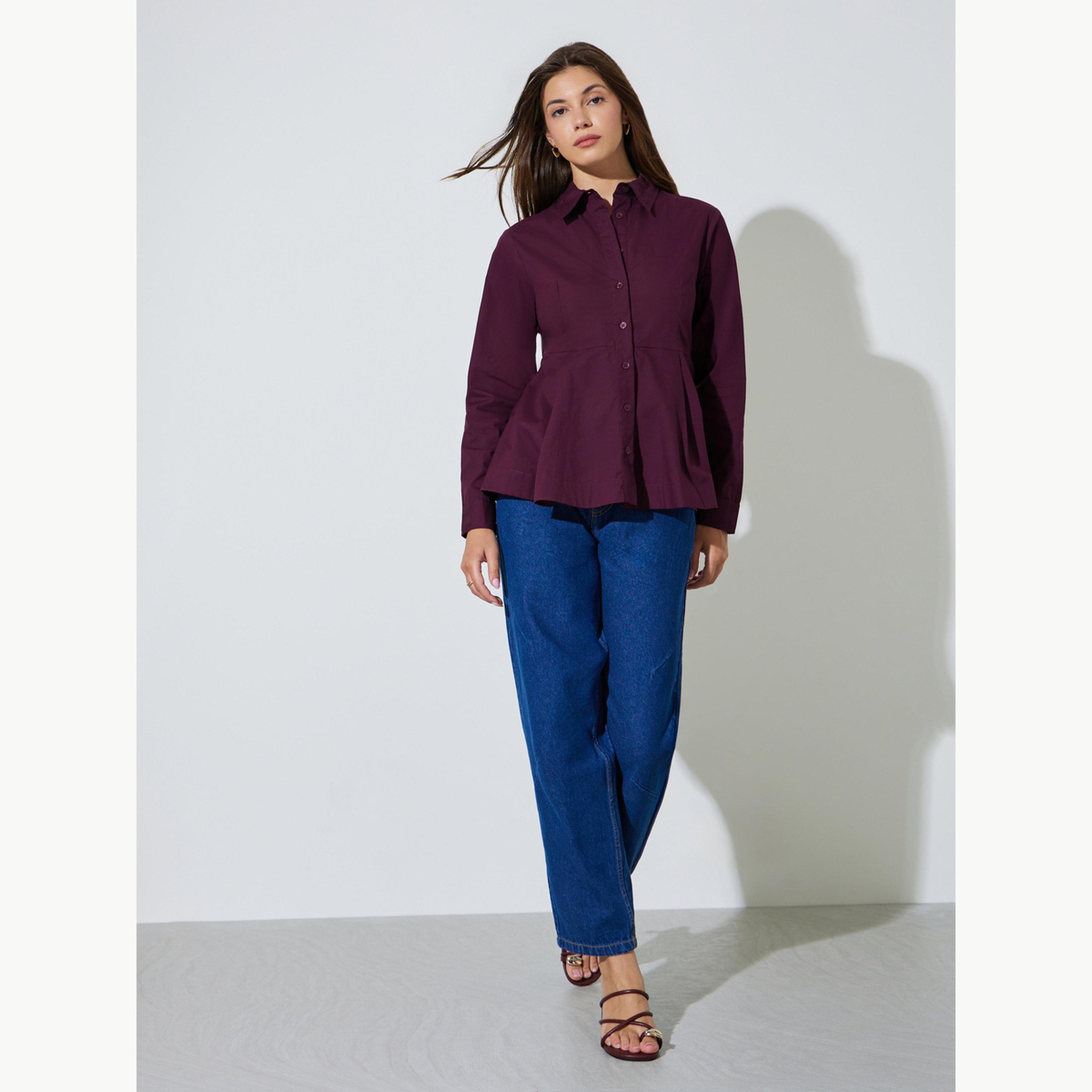 Styli Dark Purple Regular Fit Cotton Peplum Shirt-women-clothing-shirtsandblouses-shirts-image-2