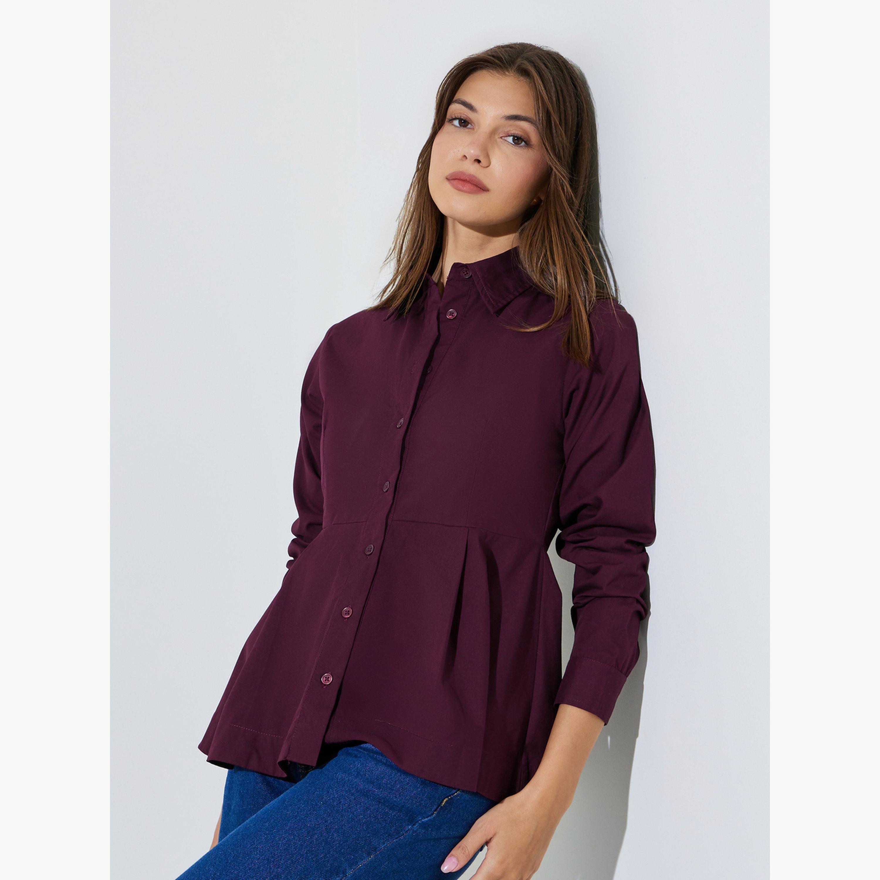 Styli Dark Purple Regular Fit Cotton Peplum Shirt-women-clothing-shirtsandblouses-shirts-image-3