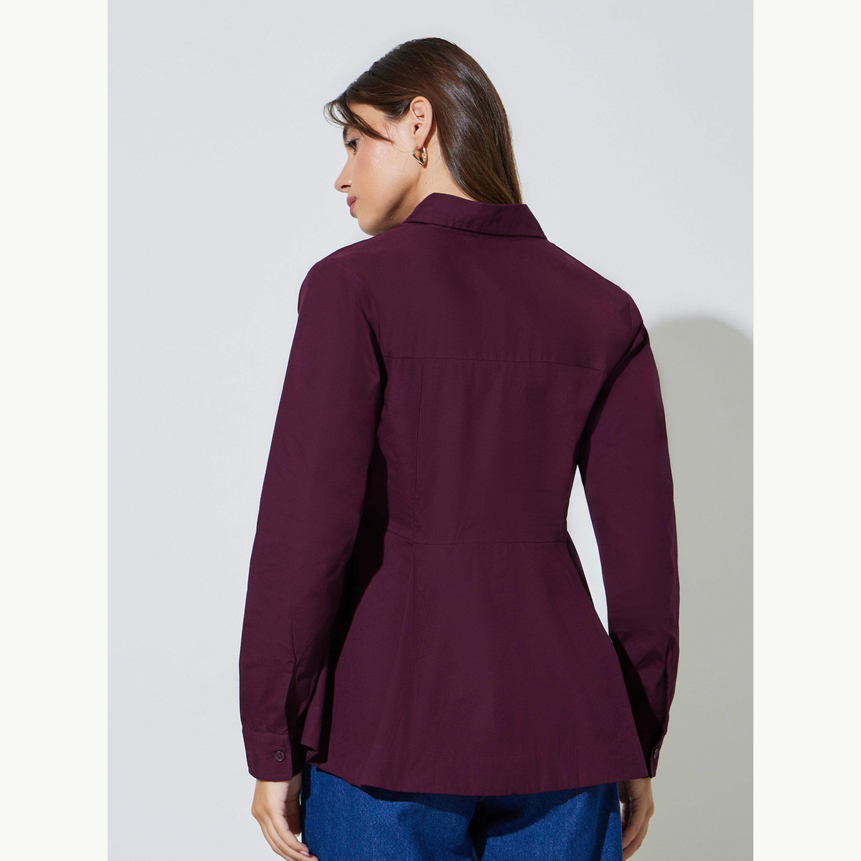 Styli Dark Purple Regular Fit Cotton Peplum Shirt-women-clothing-shirtsandblouses-shirts-image-4