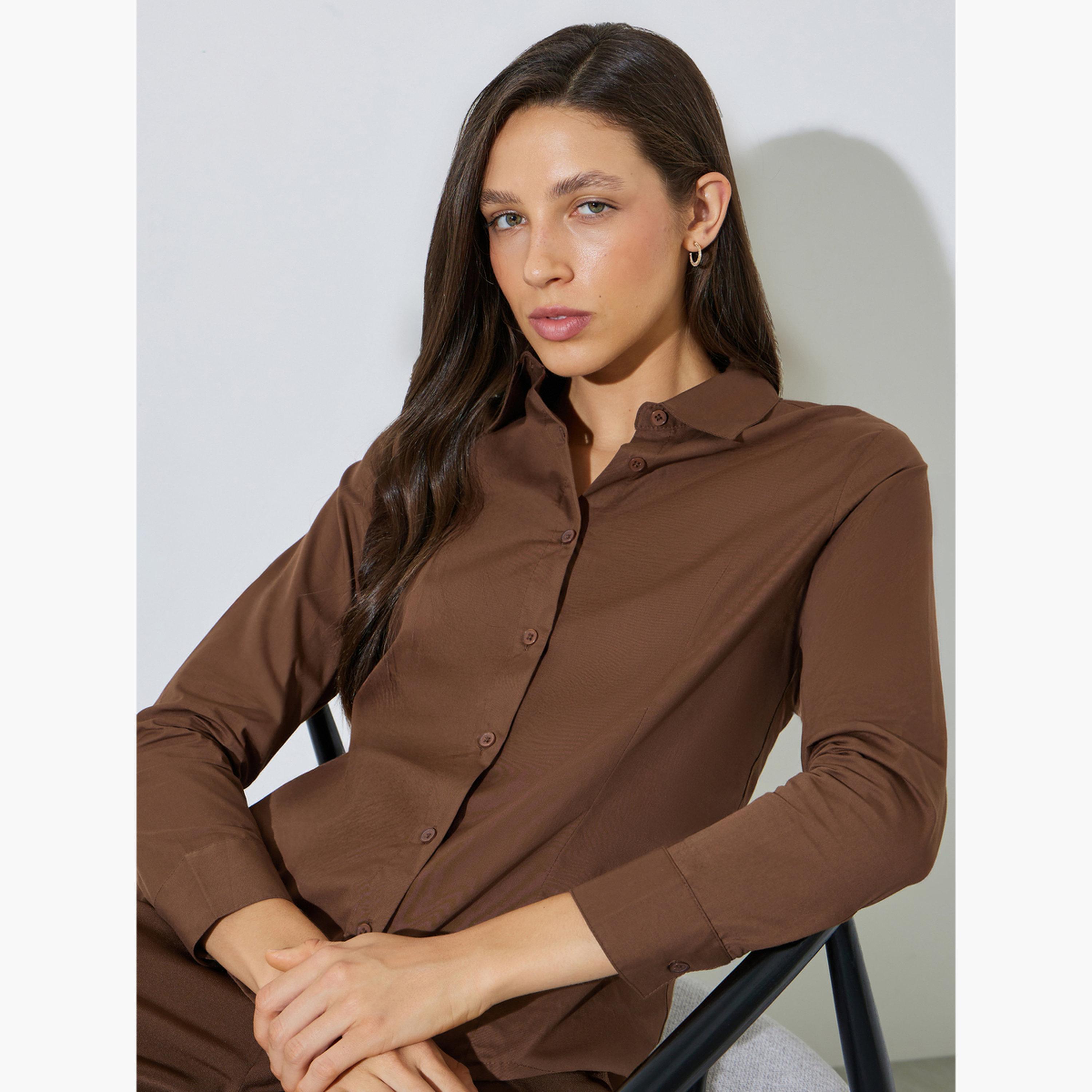بلوزة سادة قطن بقصة سليم فت-women-clothing-shirtsandblouses-shirts-image-3