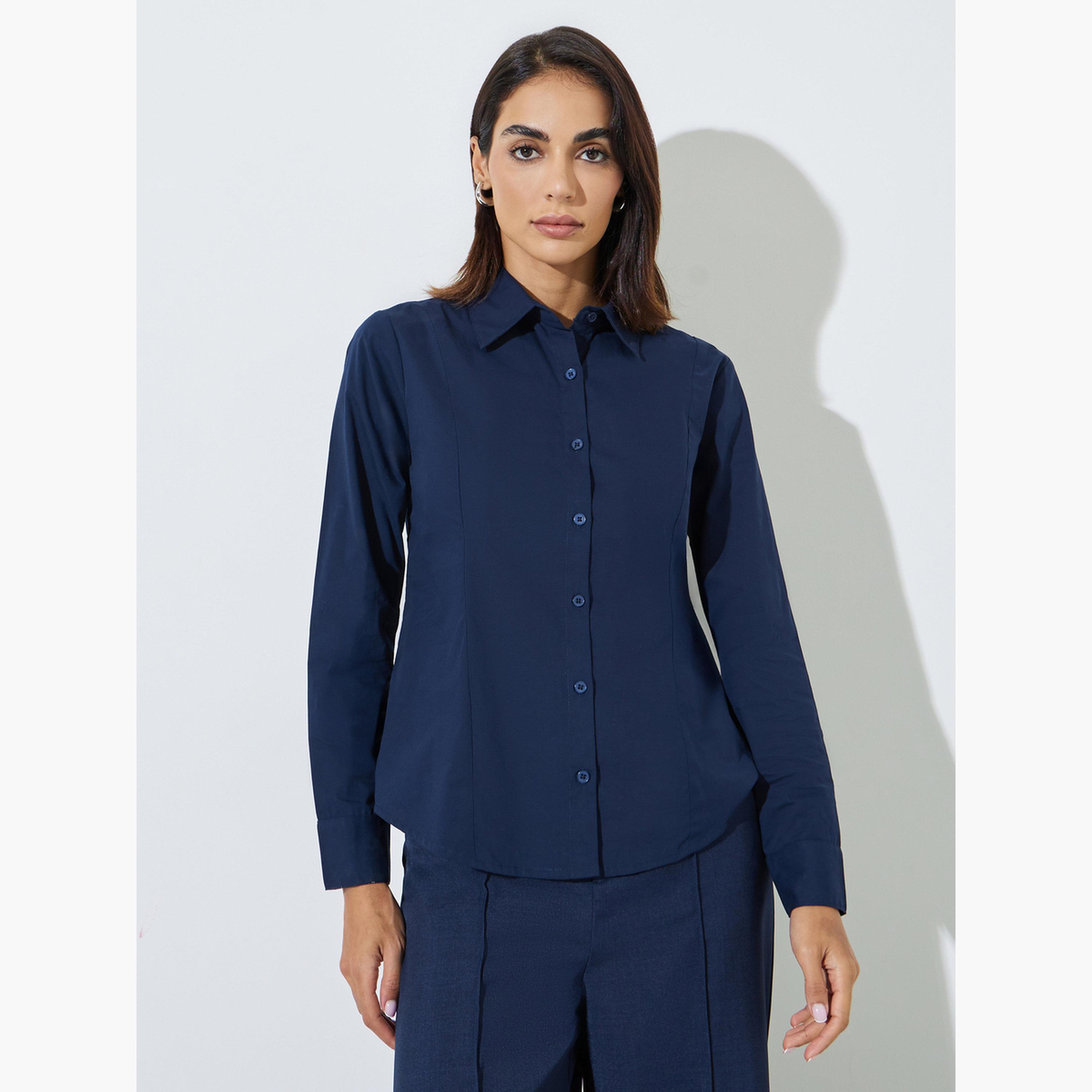 ستايلي - قميص قطني أزرق داكن سادة بقصة ضيقة-women-clothing-shirtsandblouses-shirts-image-1