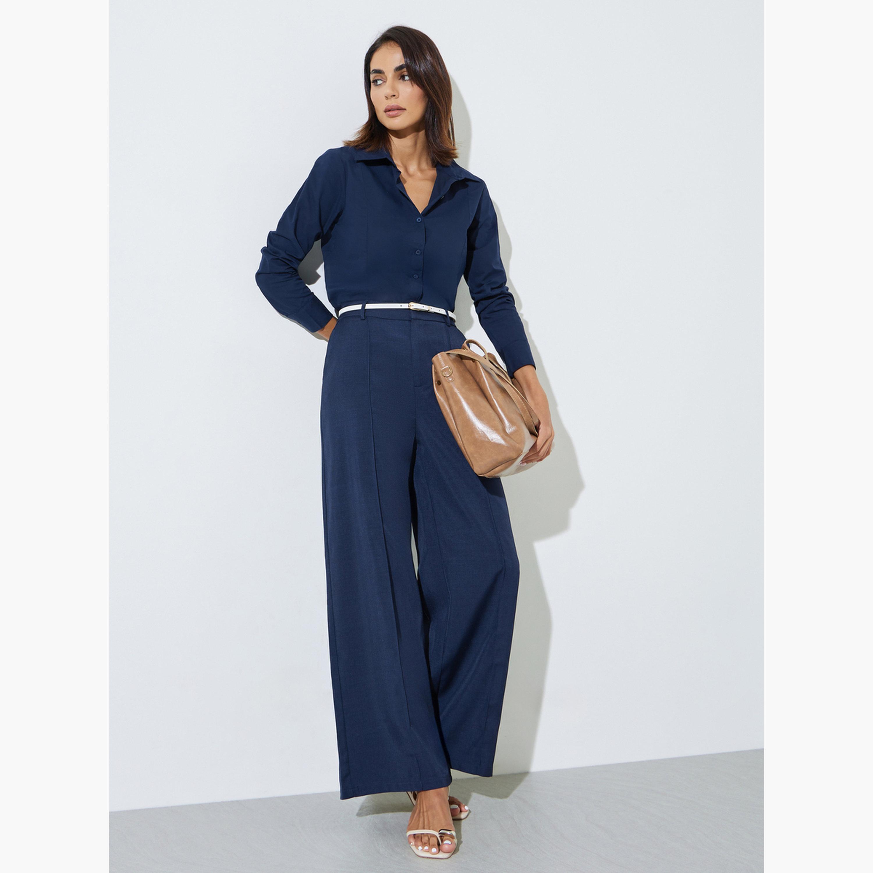 ستايلي - قميص قطني أزرق داكن سادة بقصة ضيقة-women-clothing-shirtsandblouses-shirts-image-2