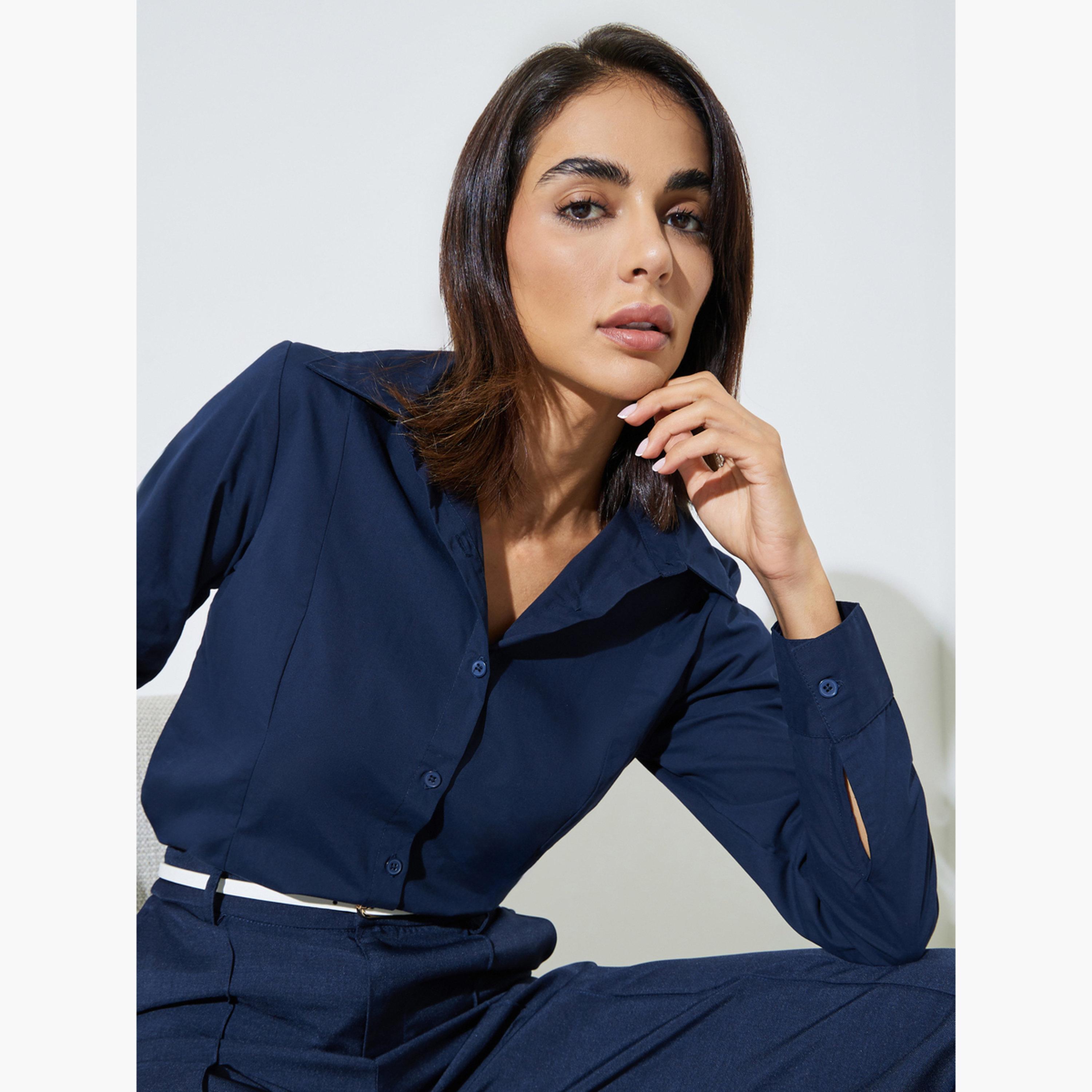 ستايلي - قميص قطني أزرق داكن سادة بقصة ضيقة-women-clothing-shirtsandblouses-shirts-image-3
