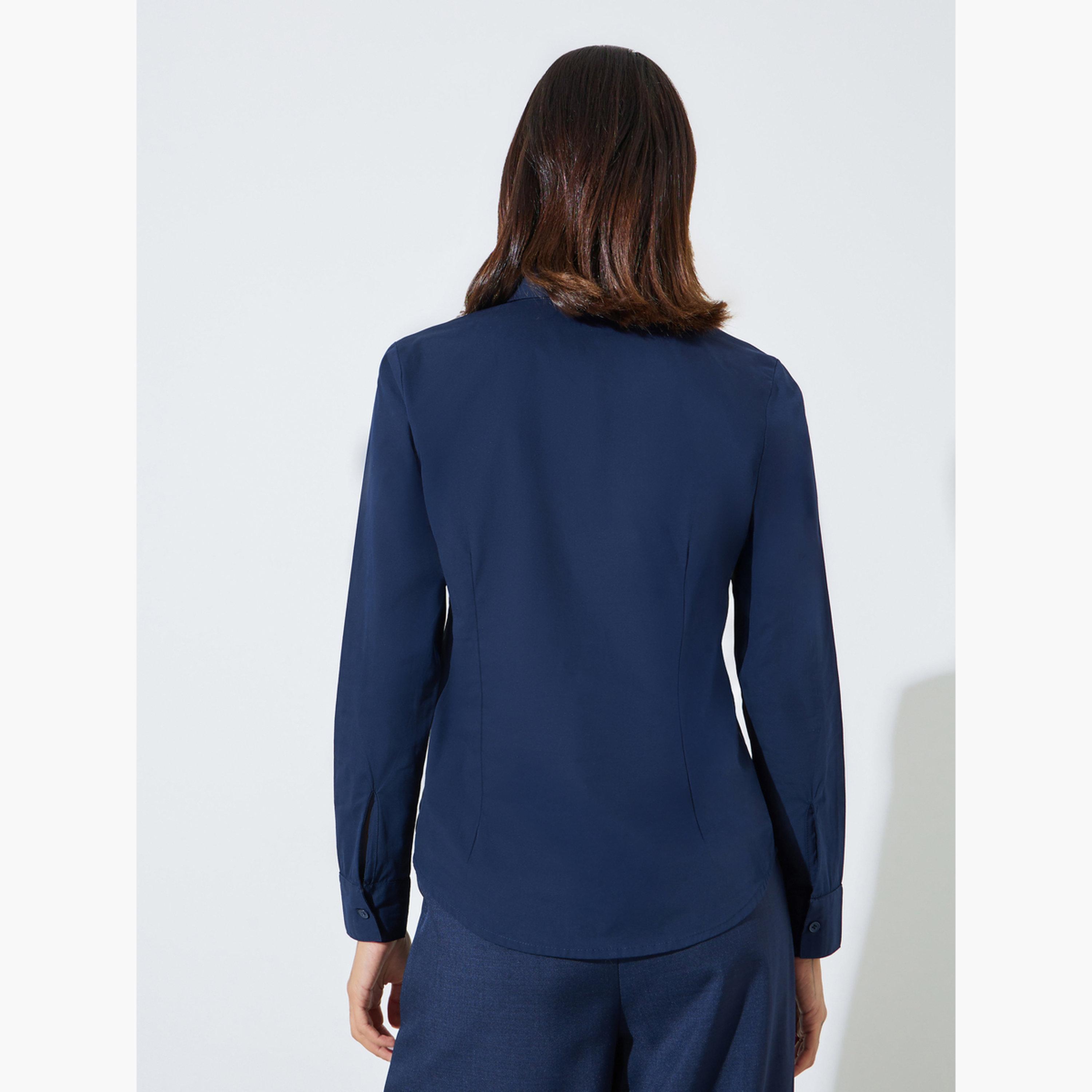 ستايلي - قميص قطني أزرق داكن سادة بقصة ضيقة-women-clothing-shirtsandblouses-shirts-image-4