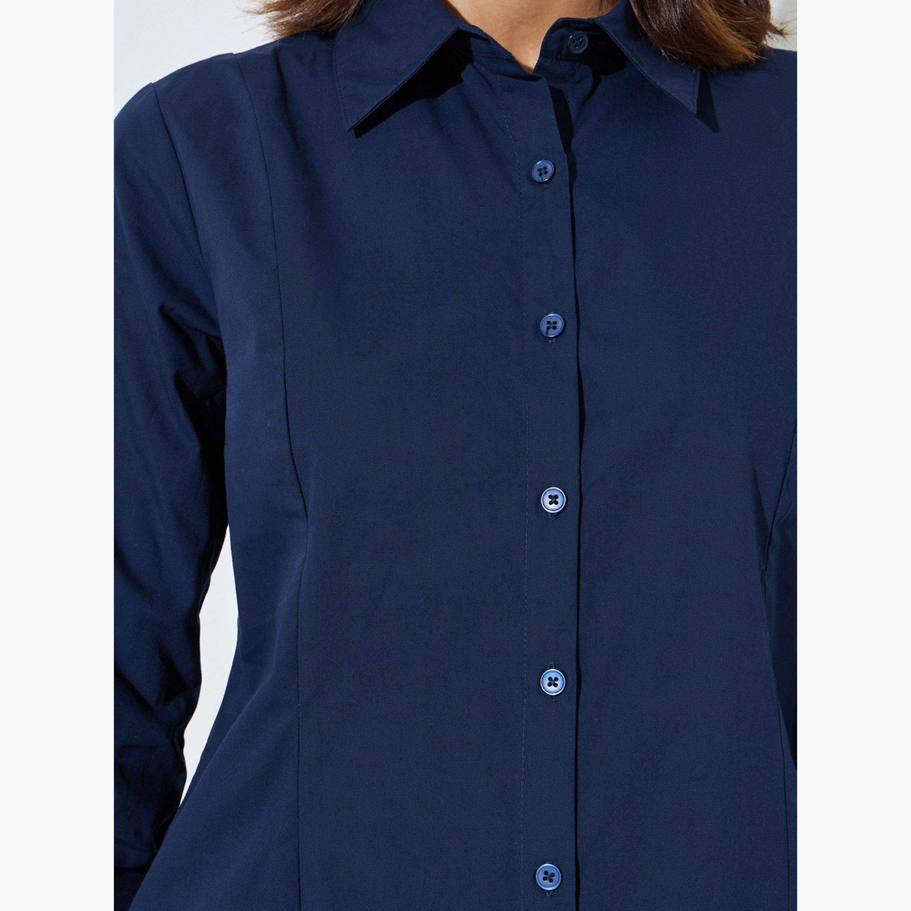 ستايلي - قميص قطني أزرق داكن سادة بقصة ضيقة-women-clothing-shirtsandblouses-shirts-image-5