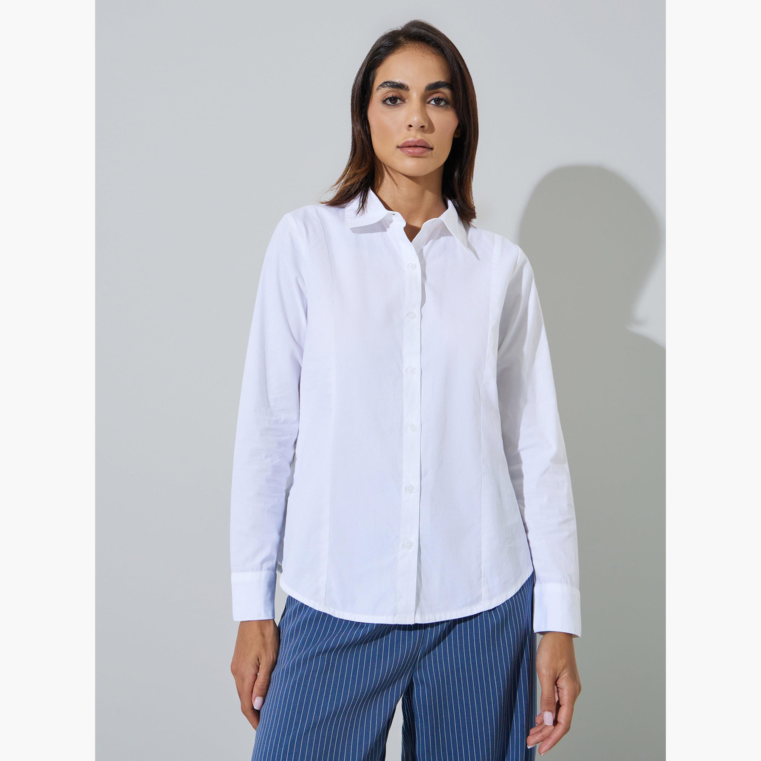 ستايلي - قميص أبيض قطني سادة بقصة ضيقة-women-clothing-shirtsandblouses-shirts-image-1
