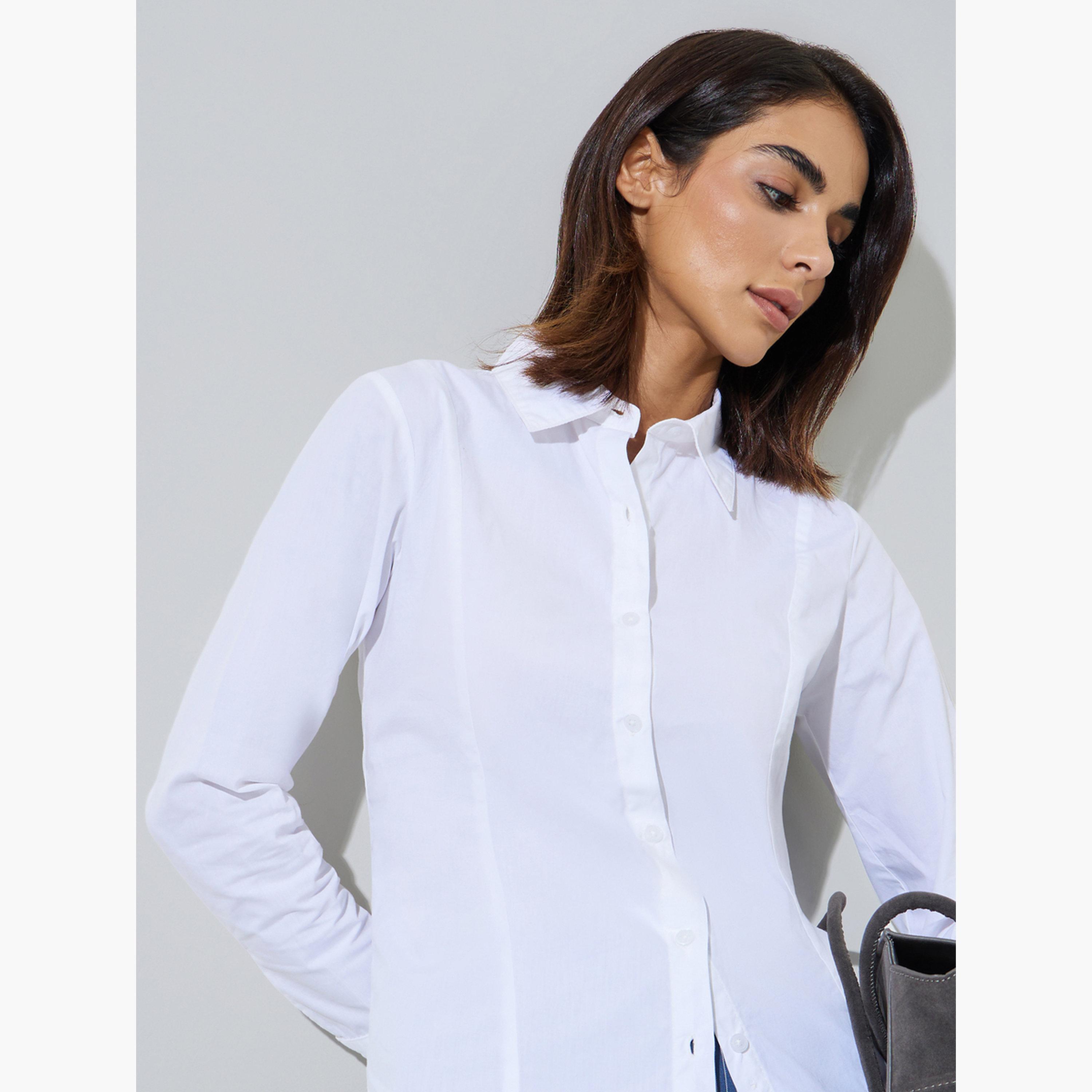 ستايلي - قميص أبيض قطني سادة بقصة ضيقة-women-clothing-shirtsandblouses-shirts-image-3