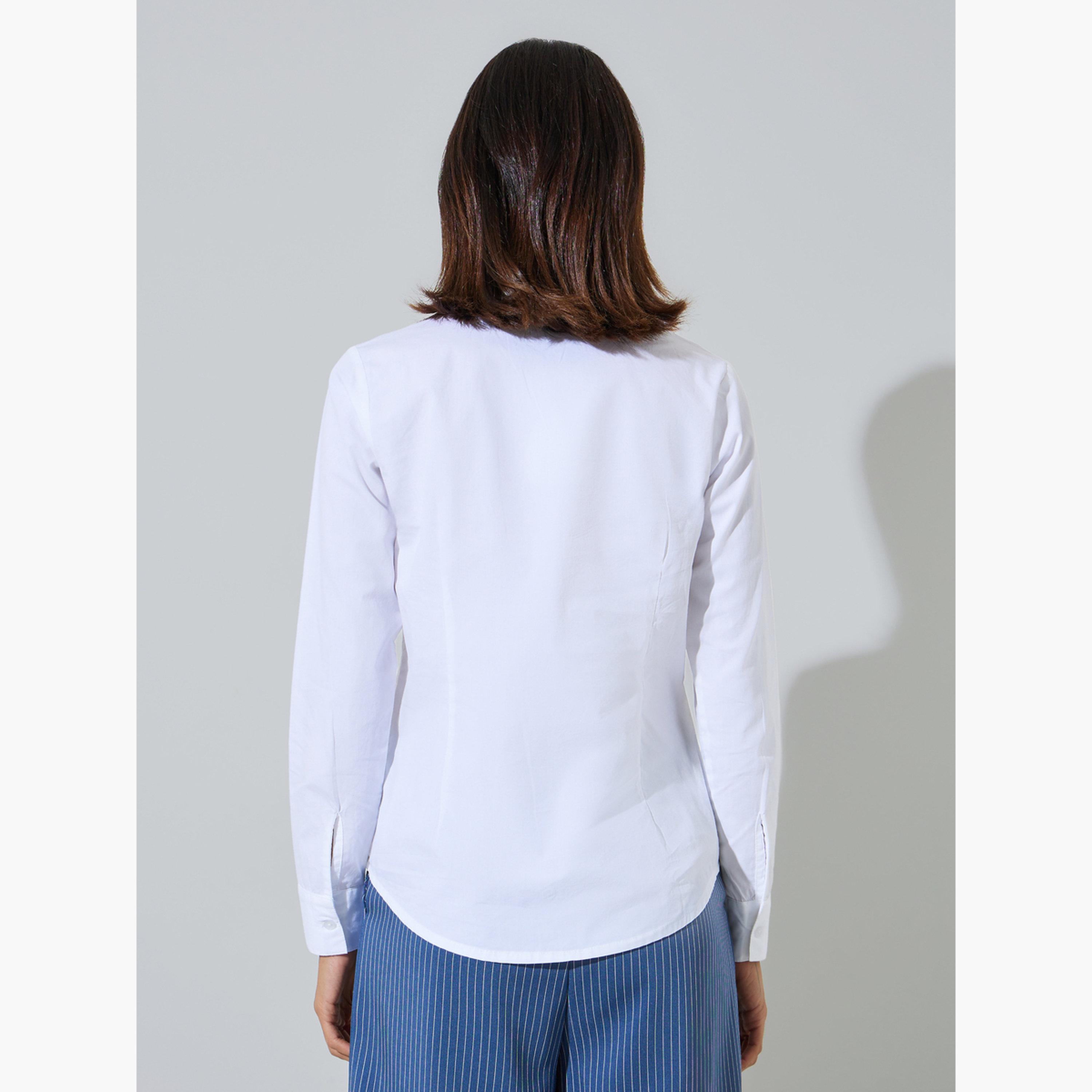 ستايلي - قميص أبيض قطني سادة بقصة ضيقة-women-clothing-shirtsandblouses-shirts-image-4