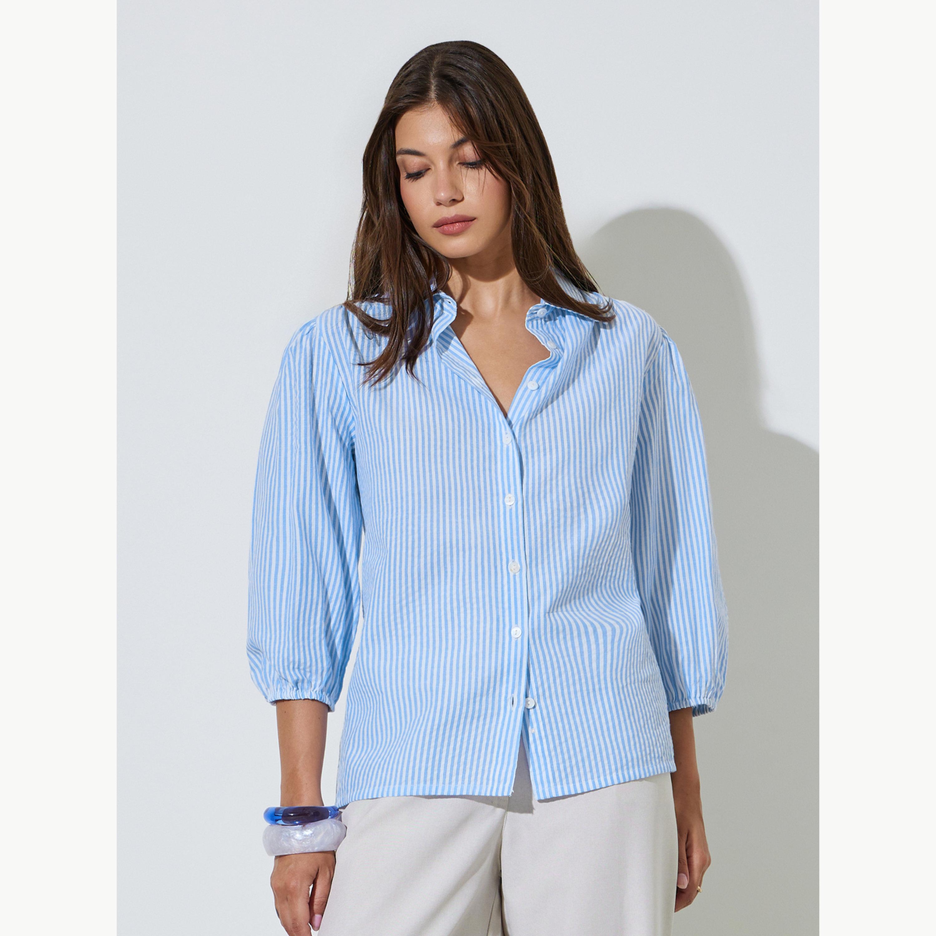قميص قطن مخطط بأكمام 3 4 للرجال-women-clothing-shirtsandblouses-shirts-image-1