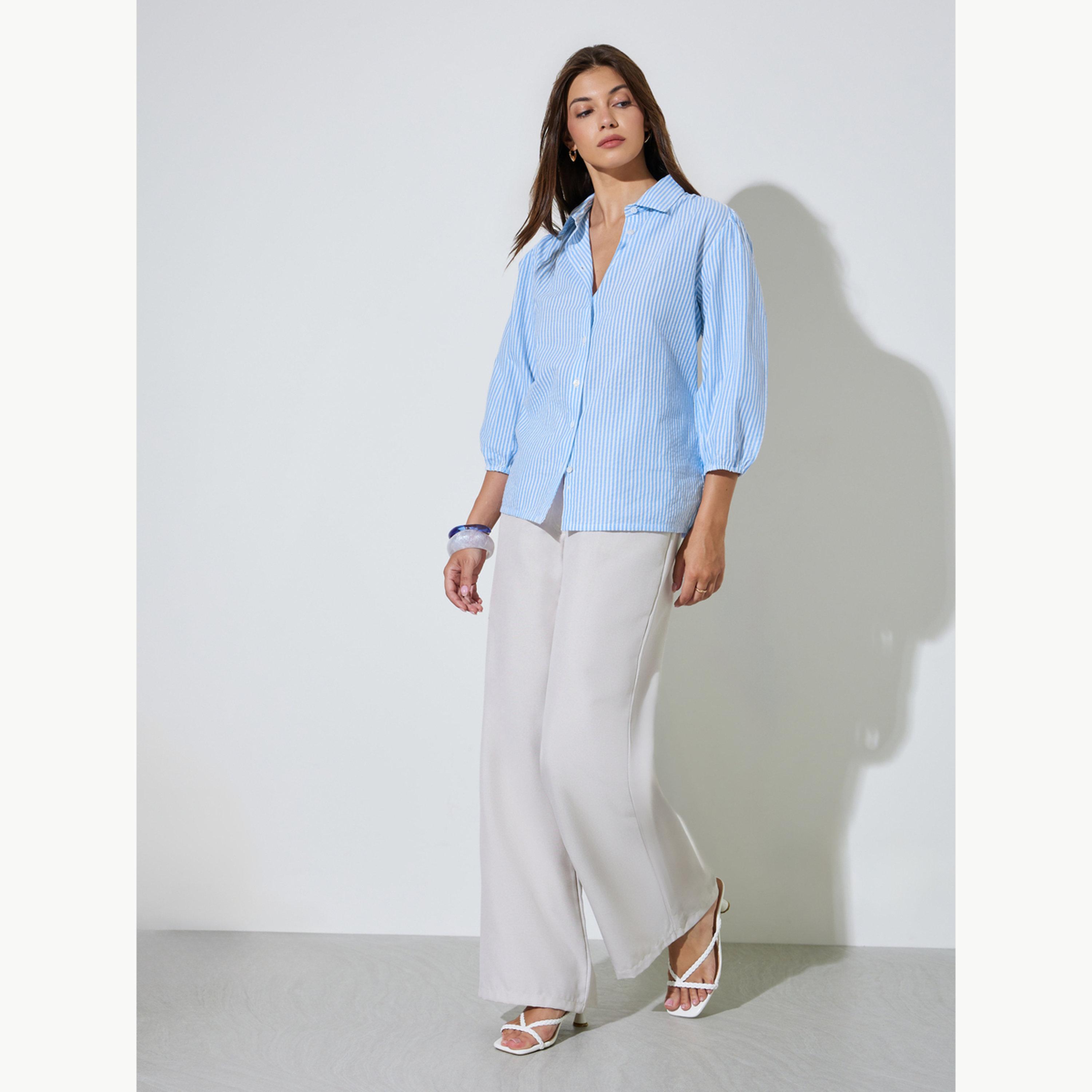 قميص قطن مخطط بأكمام 3 4 للرجال-women-clothing-shirtsandblouses-shirts-image-2