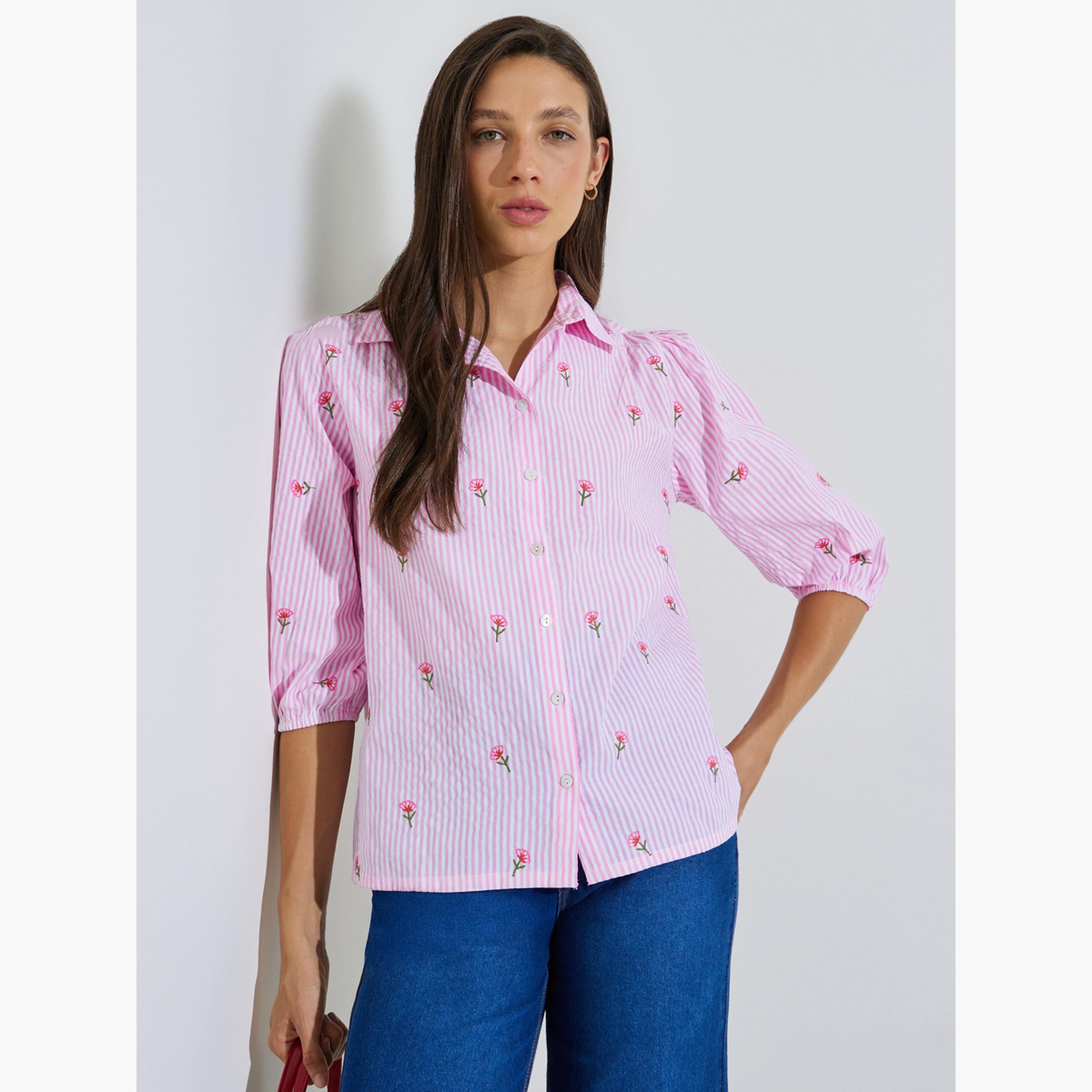 بلوزة قطن مخططة بتفاصيل مُطرّزة-women-clothing-shirtsandblouses-shirts-image-3
