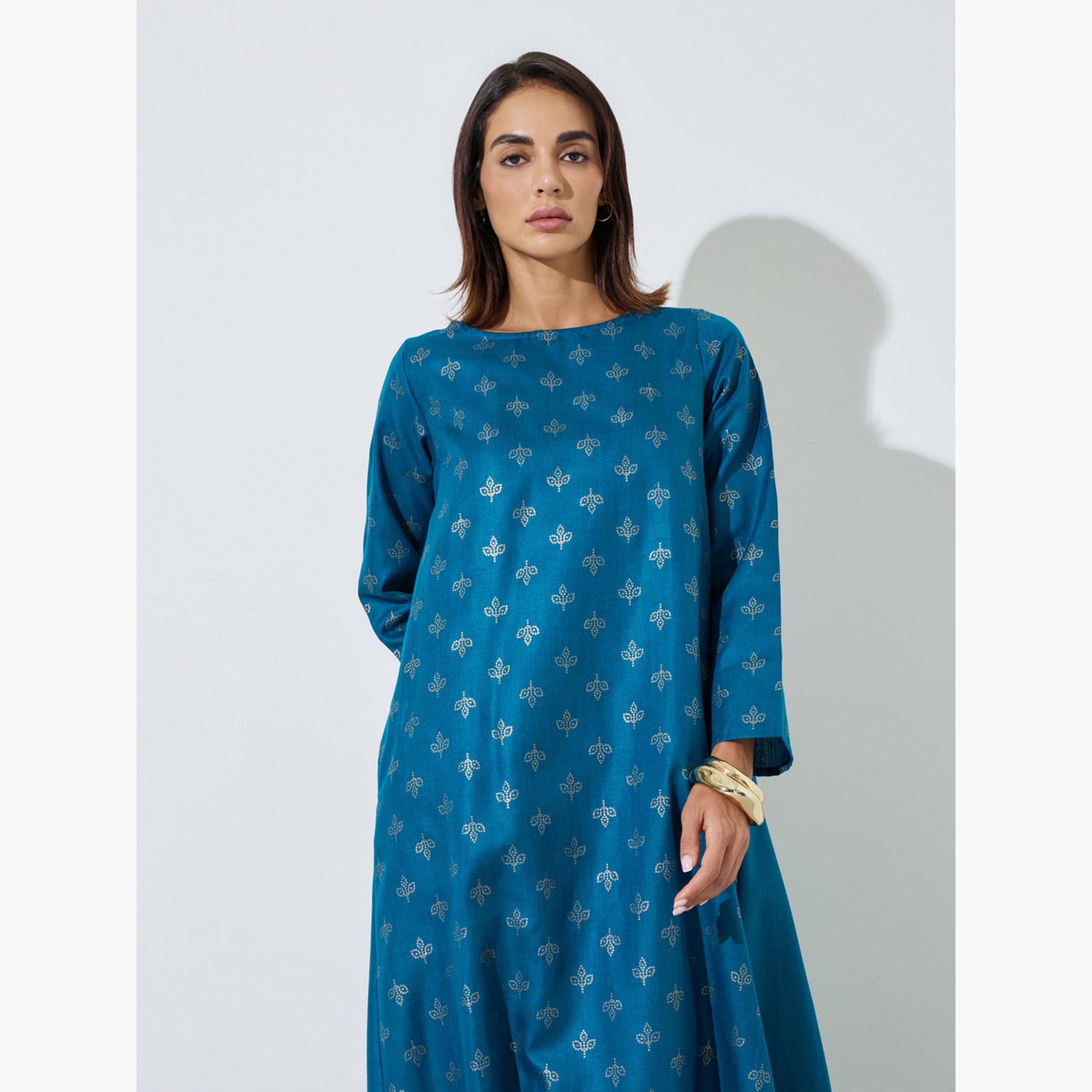 جلابية طويلة بتفاصيل جيب وطبعة جرافيك-women-arabicclothing-sets-image-2