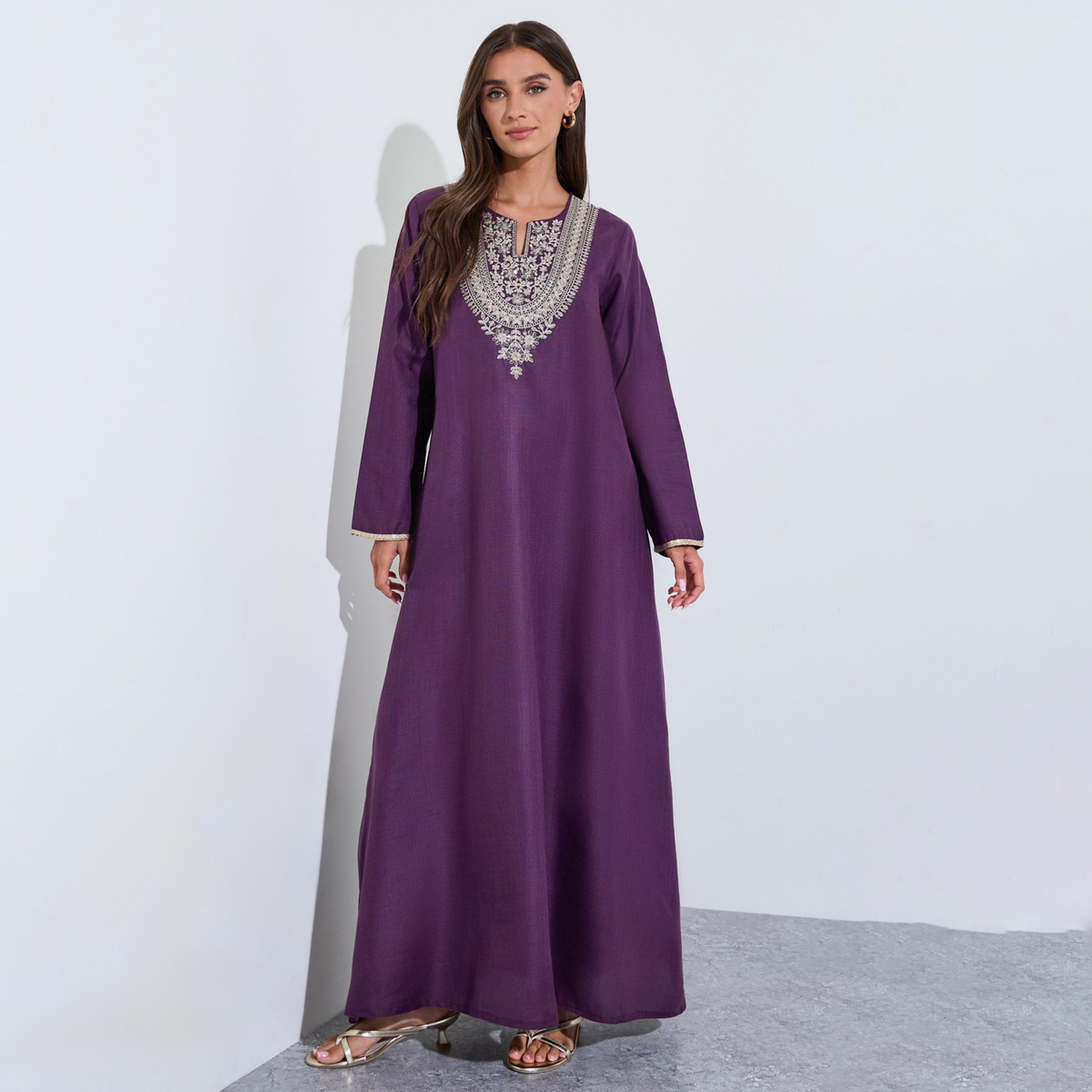 Amirah X Styli Purple Embroidered Long Slevves maxi Jalabiya-women-arabicclothing-jalabiyas-image-1