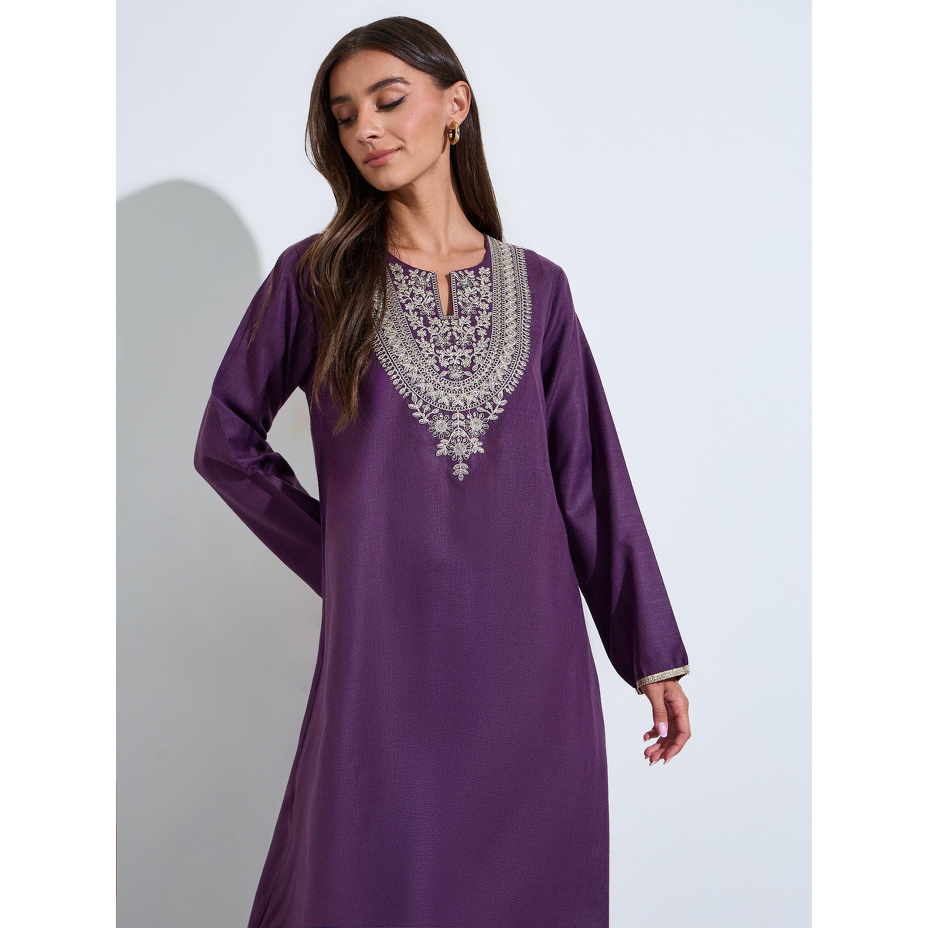 Amirah X Styli Purple Embroidered Long Slevves maxi Jalabiya-women-arabicclothing-jalabiyas-image-2