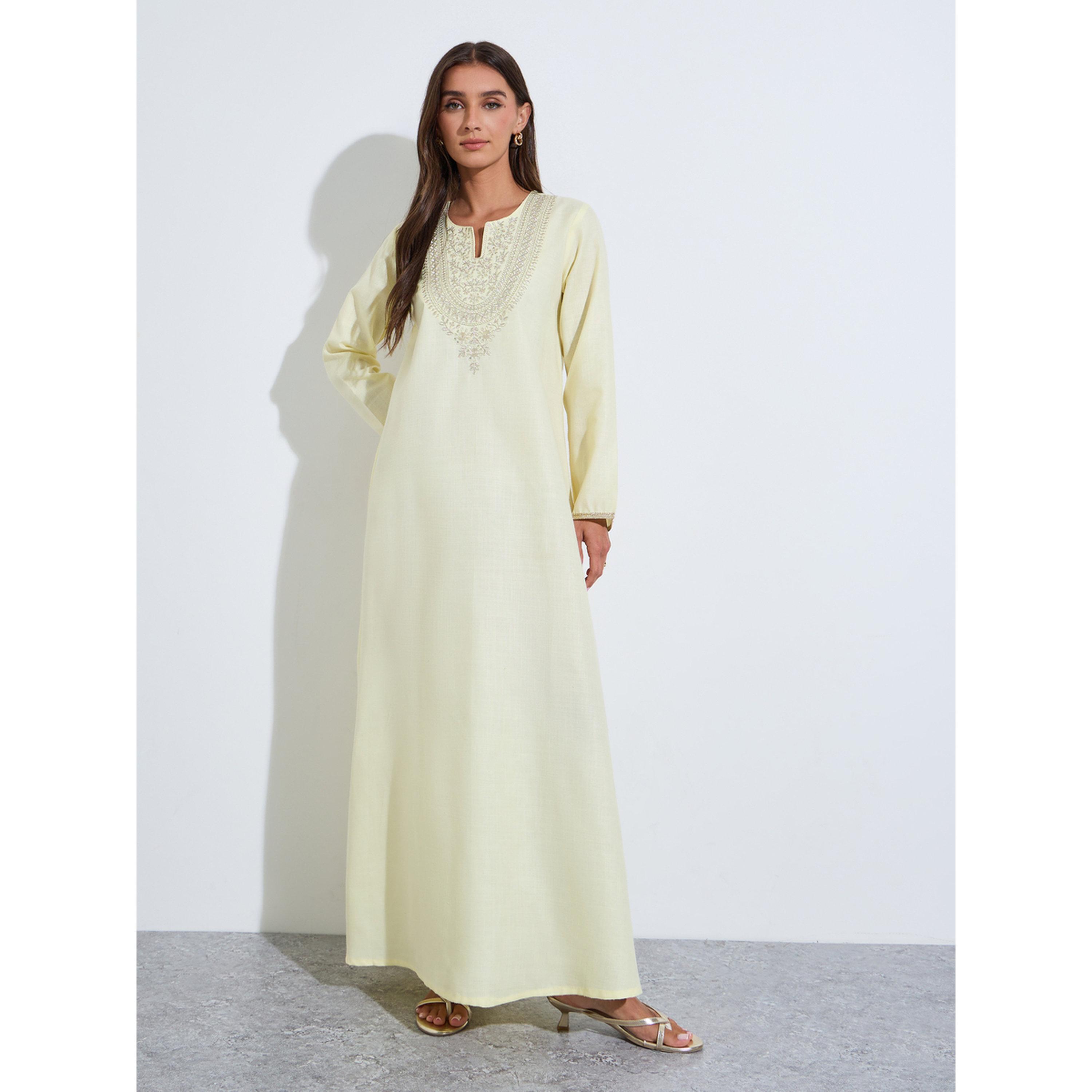Amirah X Styli Yellow Embroidered Long Slevves maxi Jalabiya-women-arabicclothing-jalabiyas-image-1