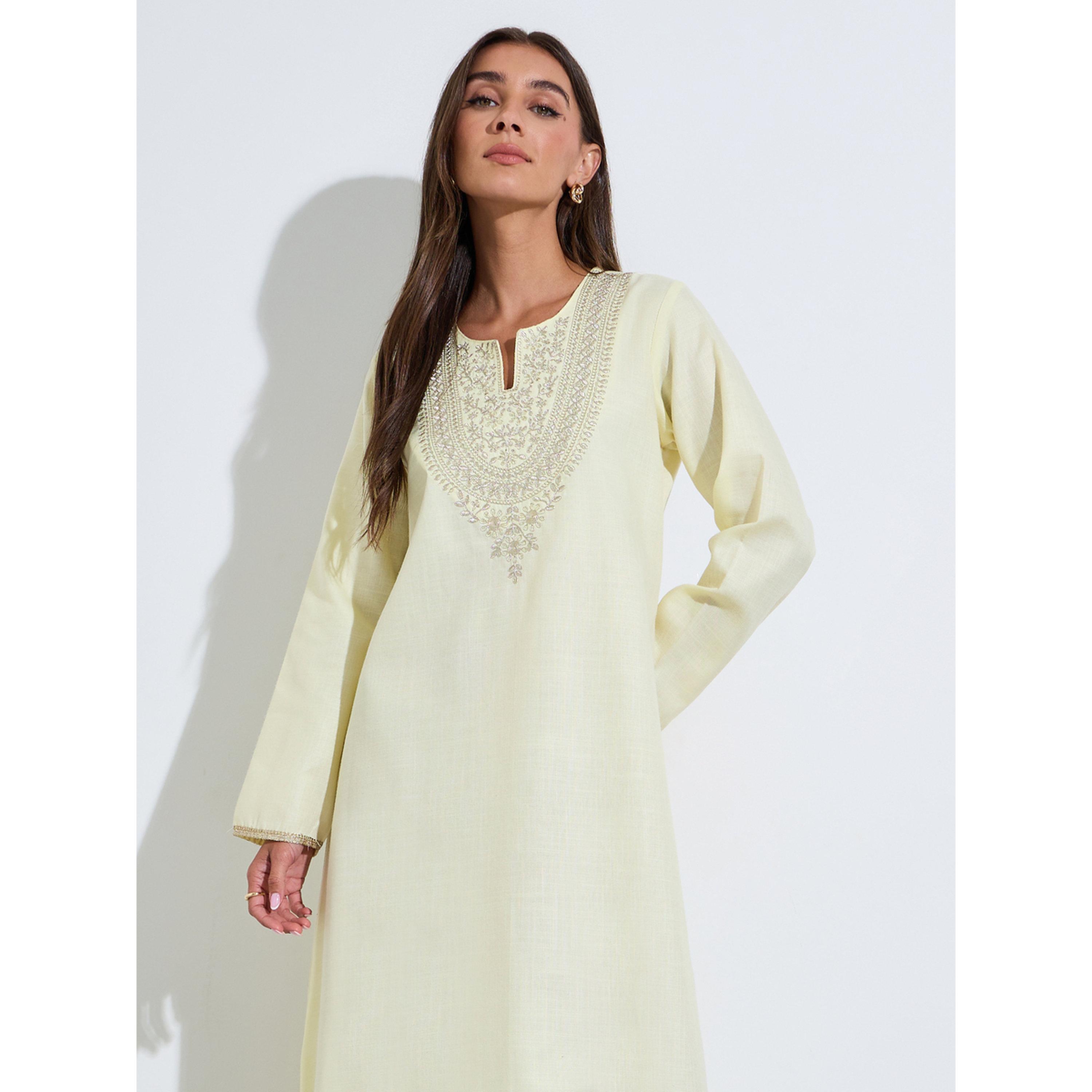 Amirah X Styli Yellow Embroidered Long Slevves maxi Jalabiya-women-arabicclothing-jalabiyas-image-2