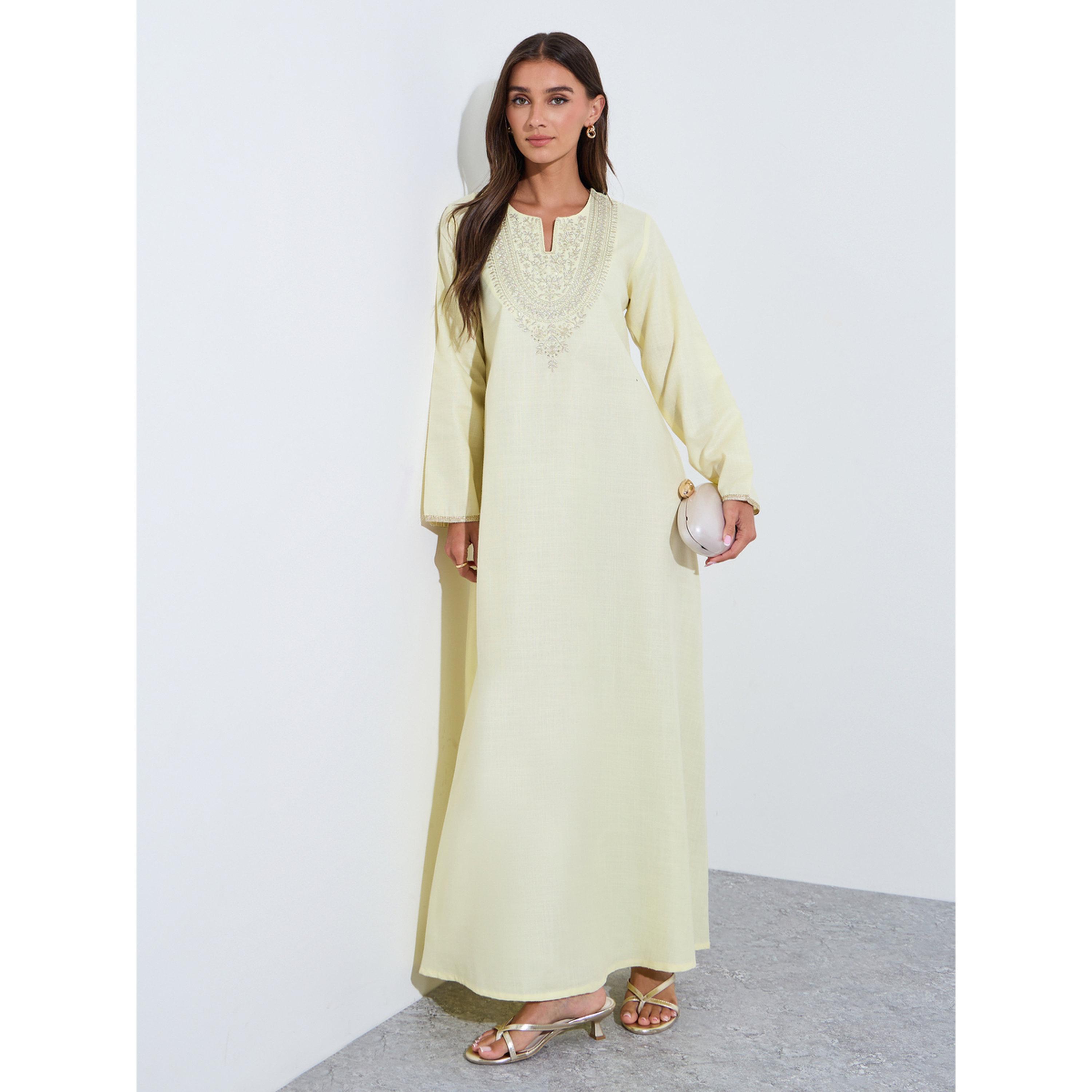 Amirah X Styli Yellow Embroidered Long Slevves maxi Jalabiya-women-arabicclothing-jalabiyas-image-3