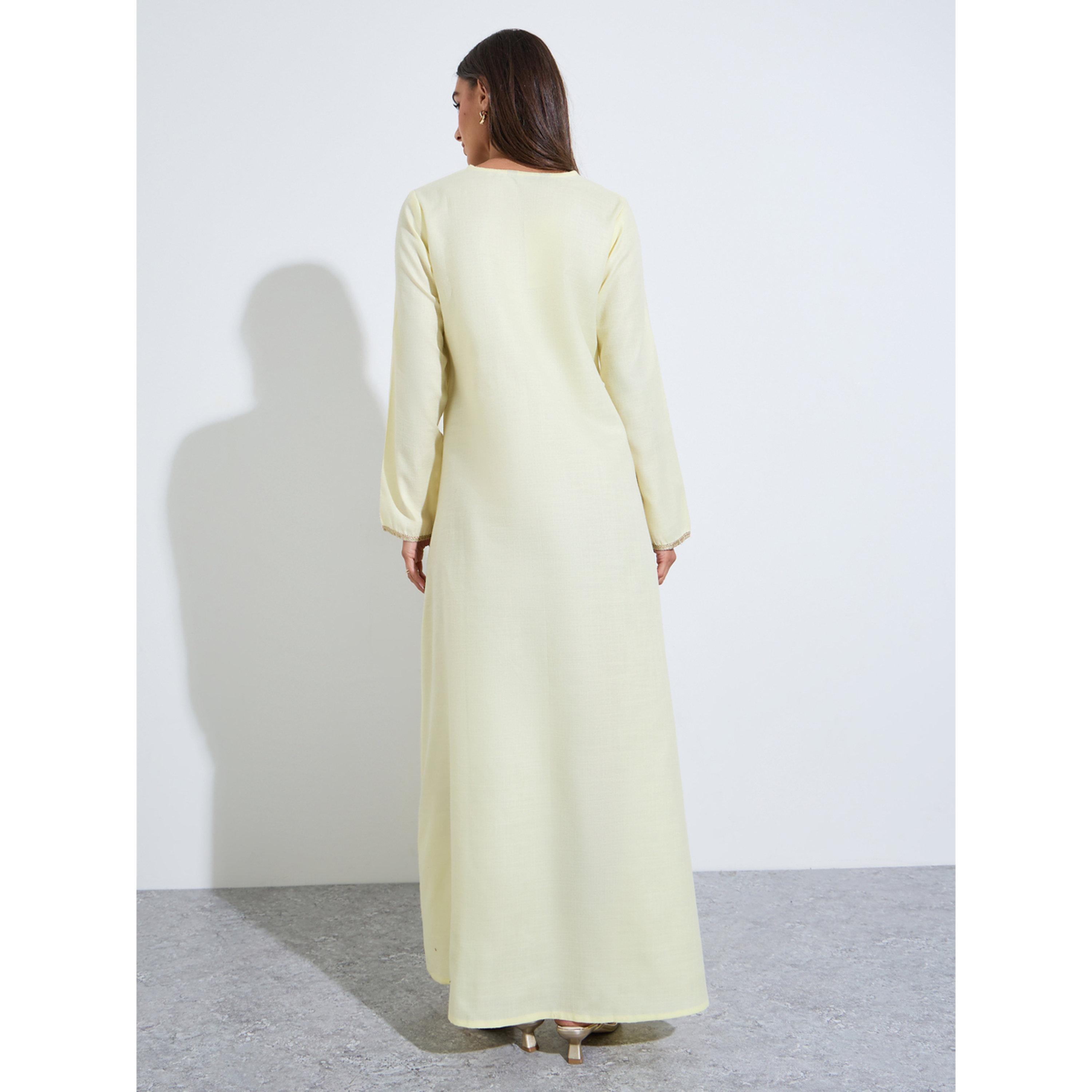 Amirah X Styli Yellow Embroidered Long Slevves maxi Jalabiya-women-arabicclothing-jalabiyas-image-4