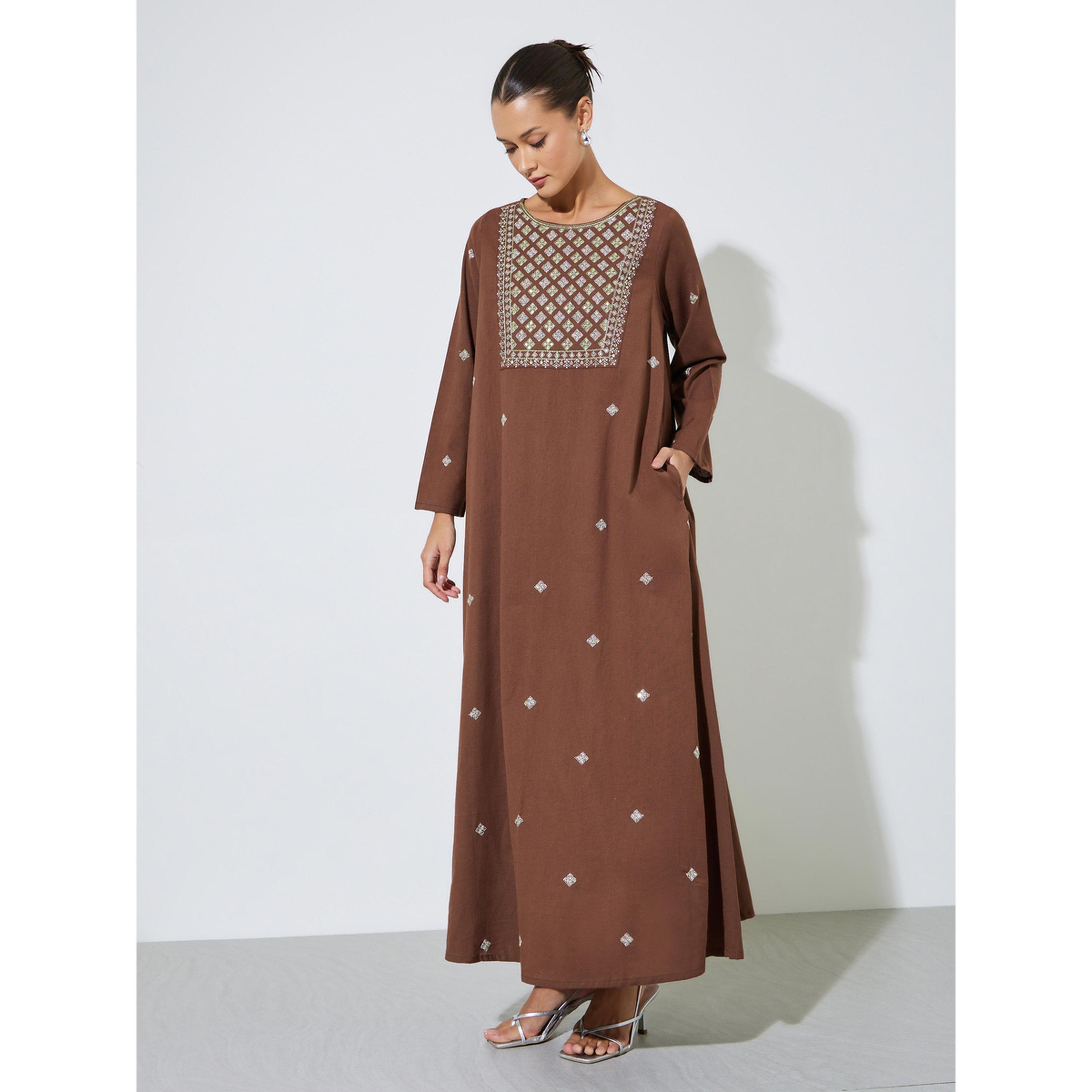 Amirah X Styli Brown Long Sleeves Embroidered Maxi Jalabiya-women-arabicclothing-jalabiyas-image-1