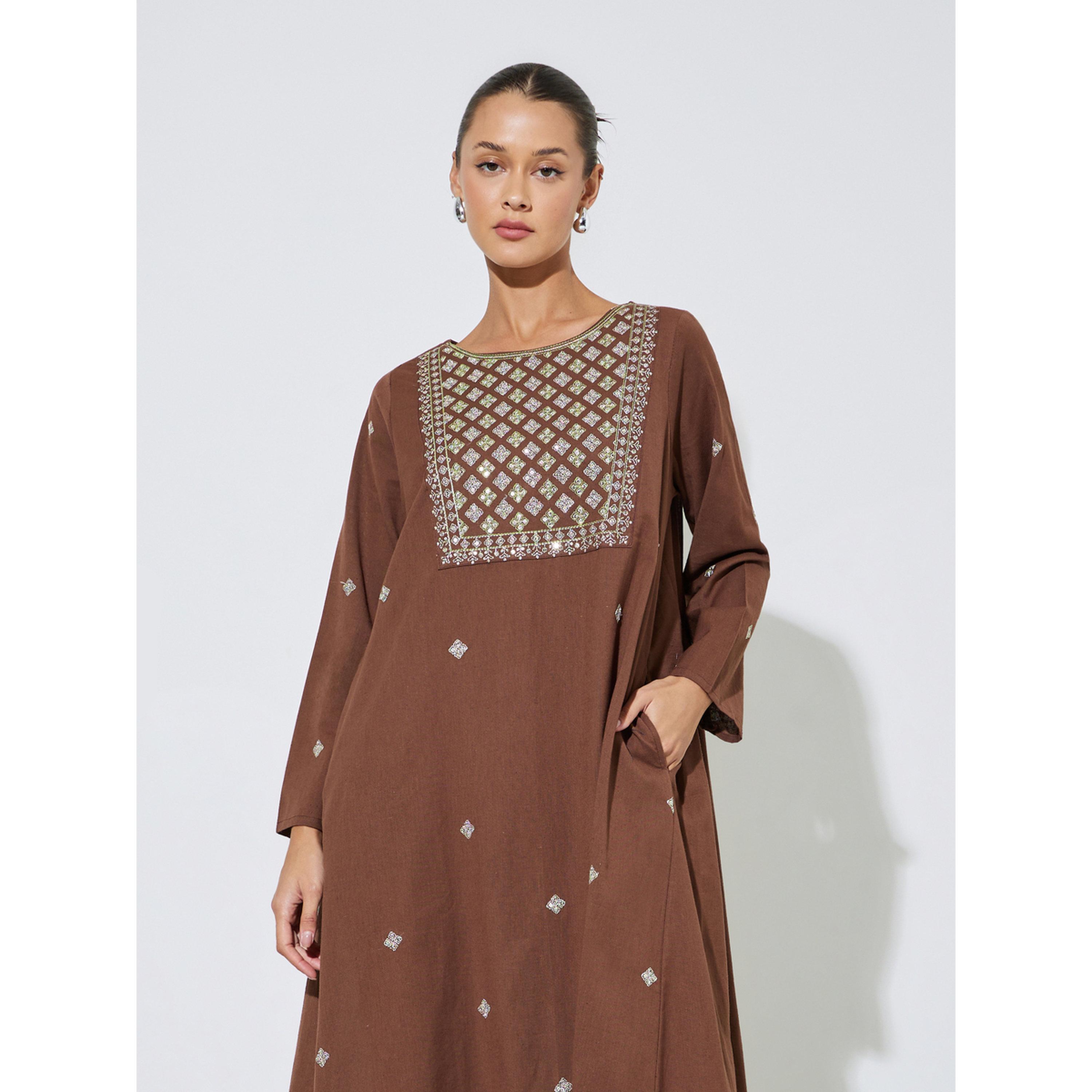 Amirah X Styli Brown Long Sleeves Embroidered Maxi Jalabiya-women-arabicclothing-jalabiyas-image-2
