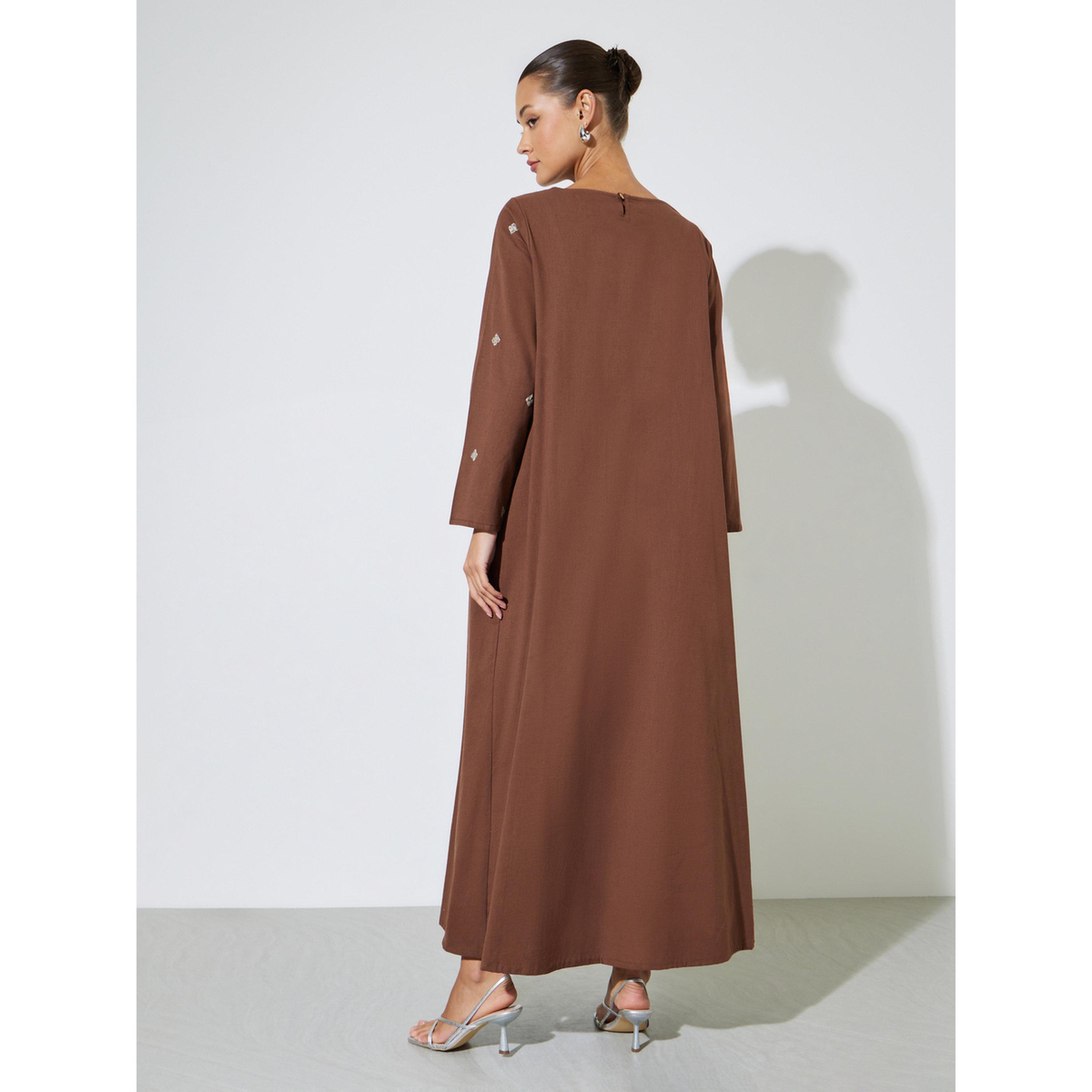 Amirah X Styli Brown Long Sleeves Embroidered Maxi Jalabiya-women-arabicclothing-jalabiyas-image-4