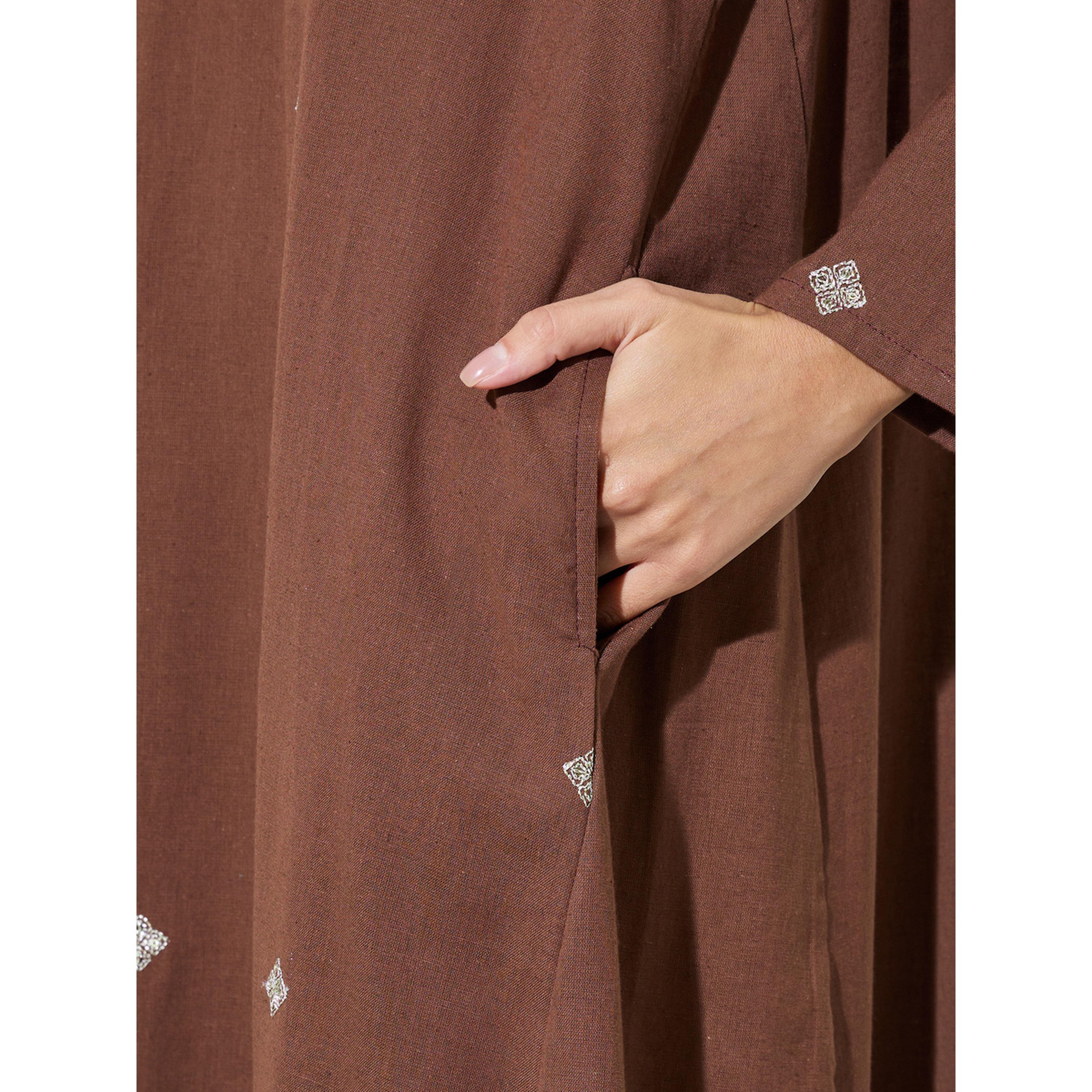 Amirah X Styli Brown Long Sleeves Embroidered Maxi Jalabiya-women-arabicclothing-jalabiyas-image-5