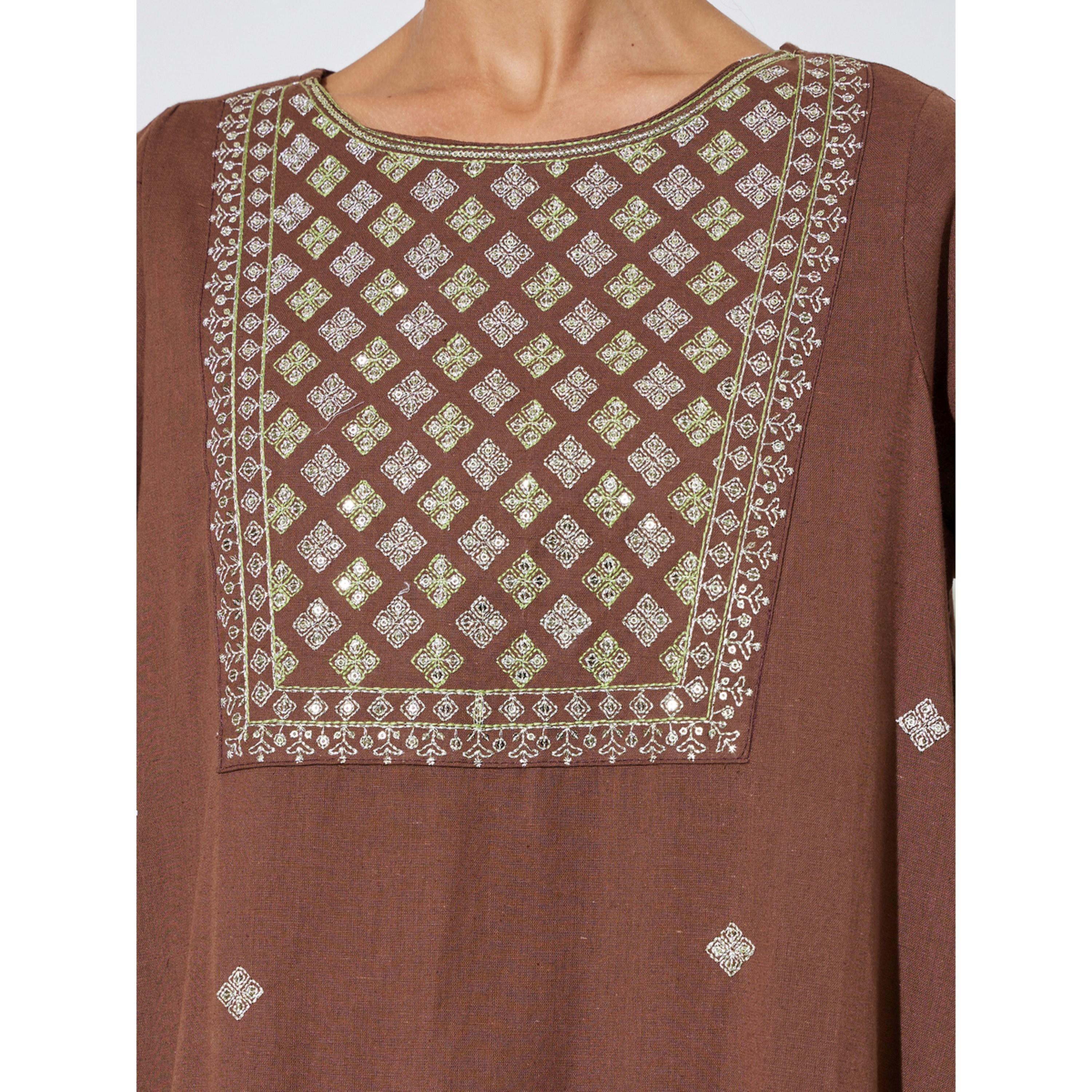 Amirah X Styli Brown Long Sleeves Embroidered Maxi Jalabiya-women-arabicclothing-jalabiyas-image-6