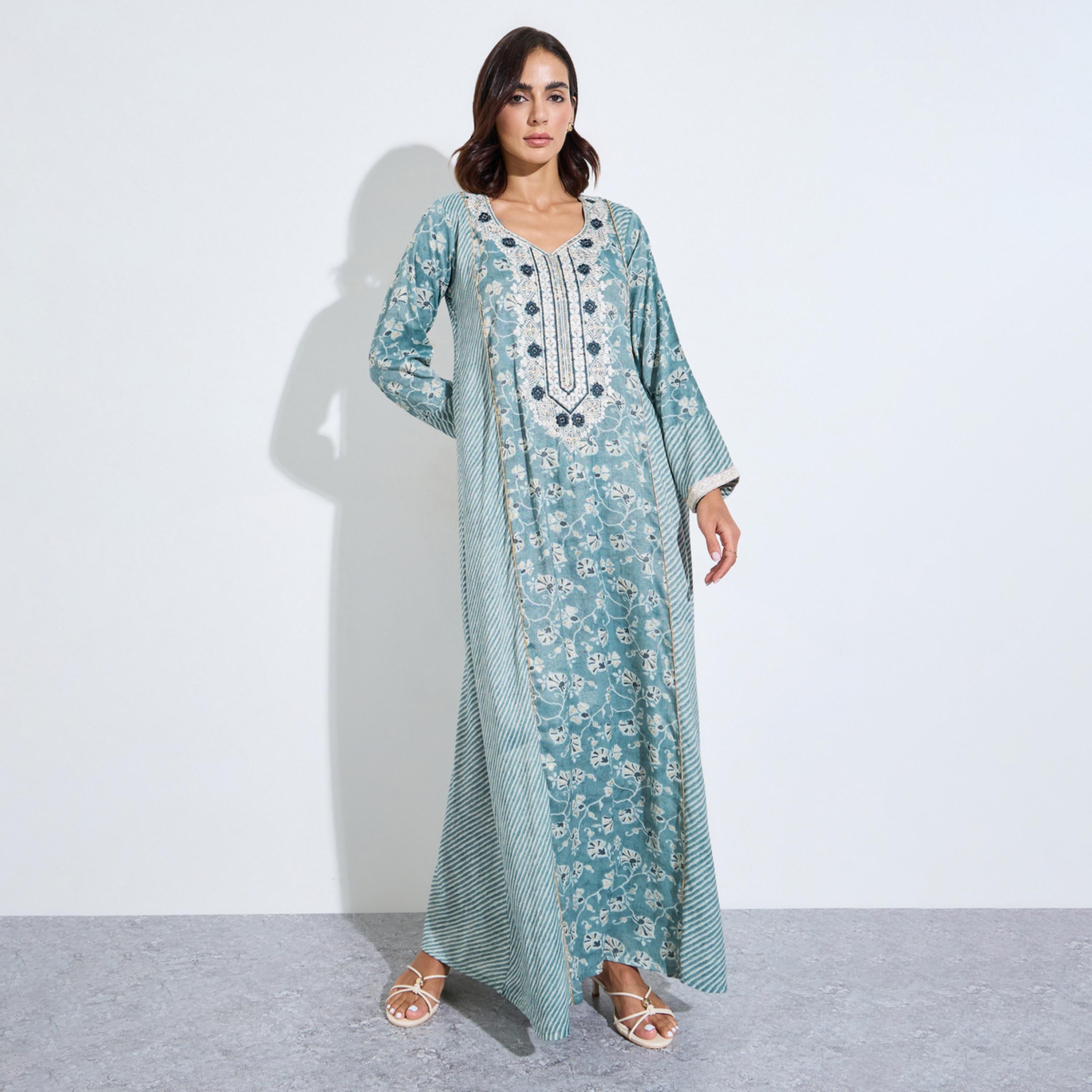 Amirah X Styli Blue Floral Embroidered Neck Maxi Jalabiya-women-arabicclothing-jalabiyas-image-1
