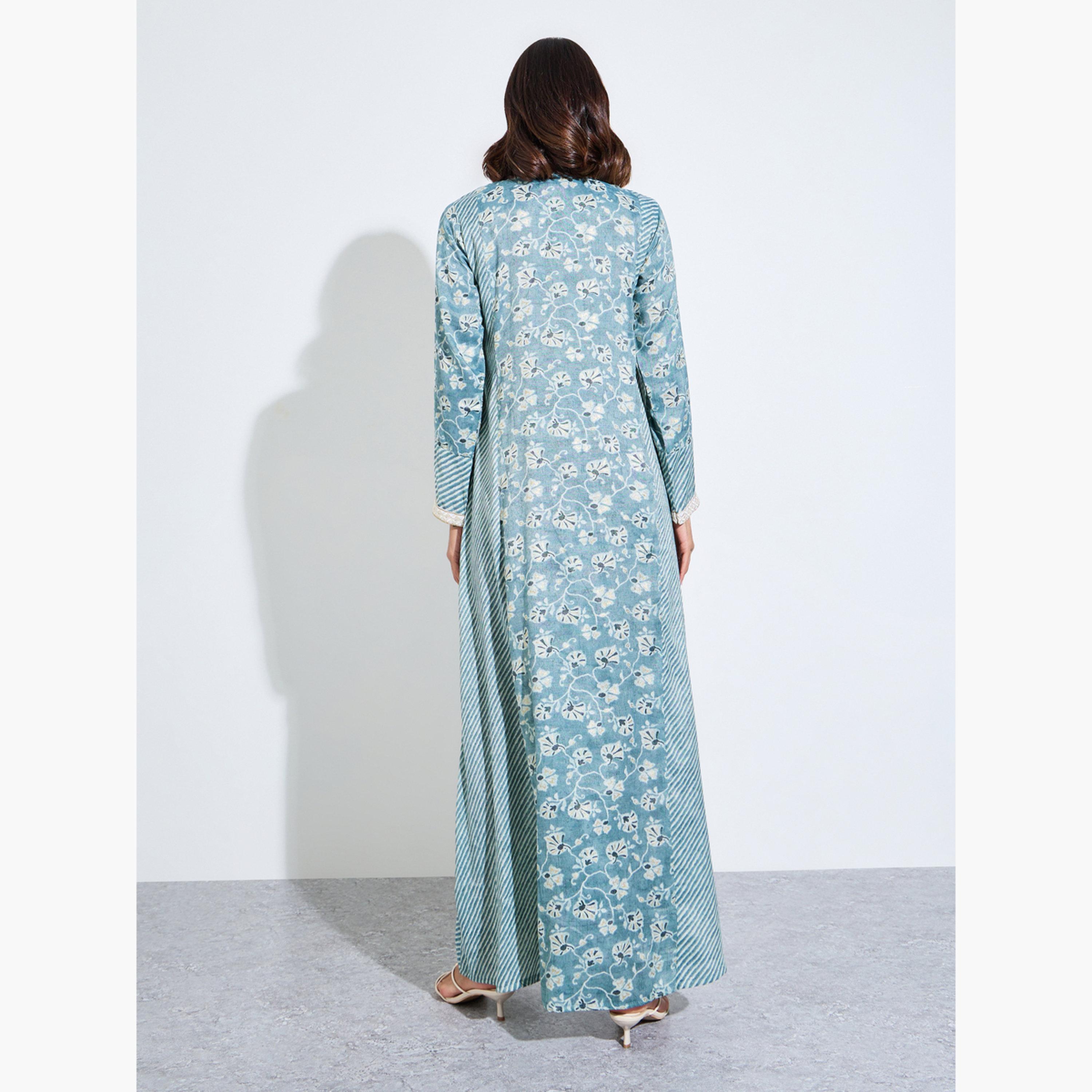 Amirah X Styli Blue Floral Embroidered Neck Maxi Jalabiya-women-arabicclothing-jalabiyas-image-4