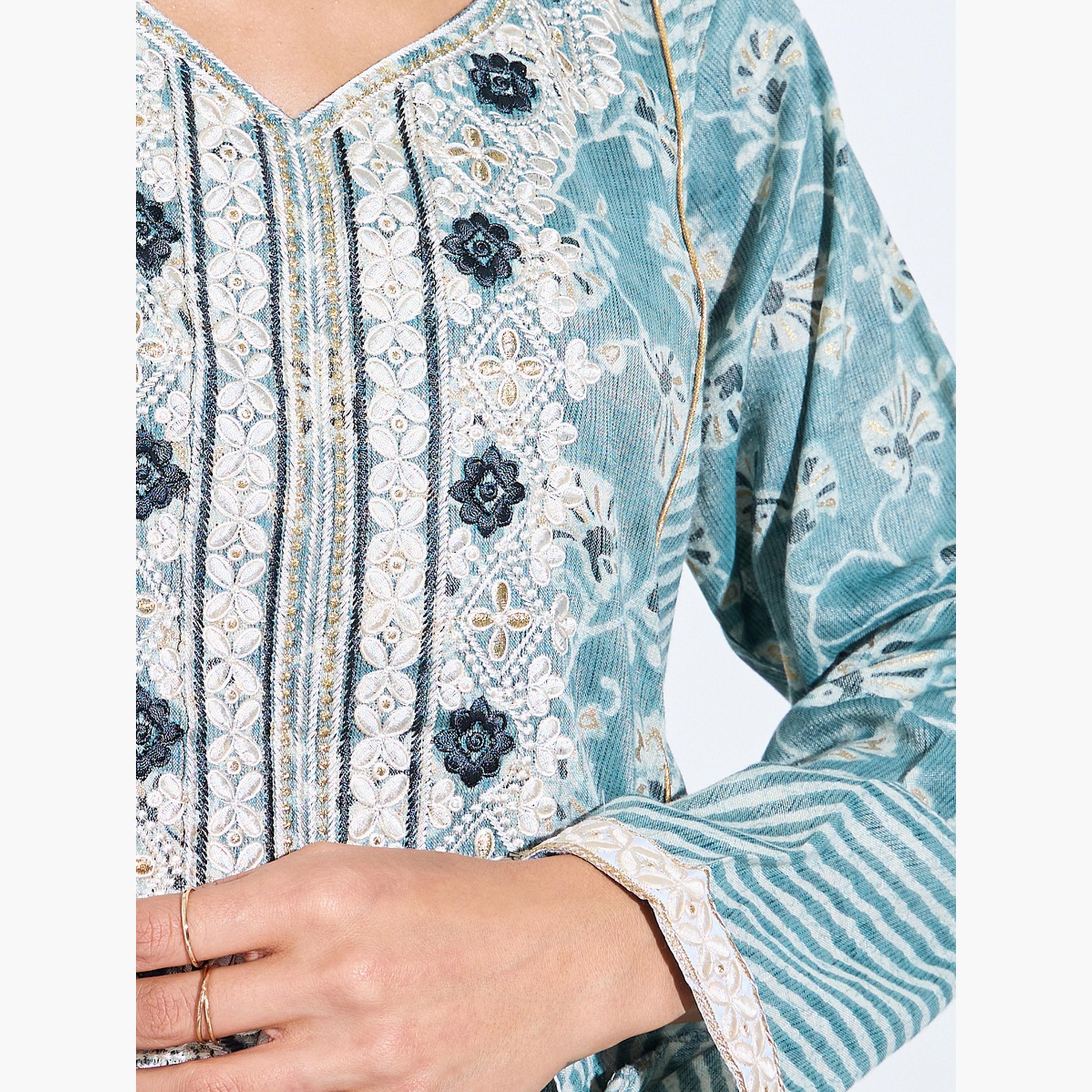 Amirah X Styli Blue Floral Embroidered Neck Maxi Jalabiya-women-arabicclothing-jalabiyas-image-5