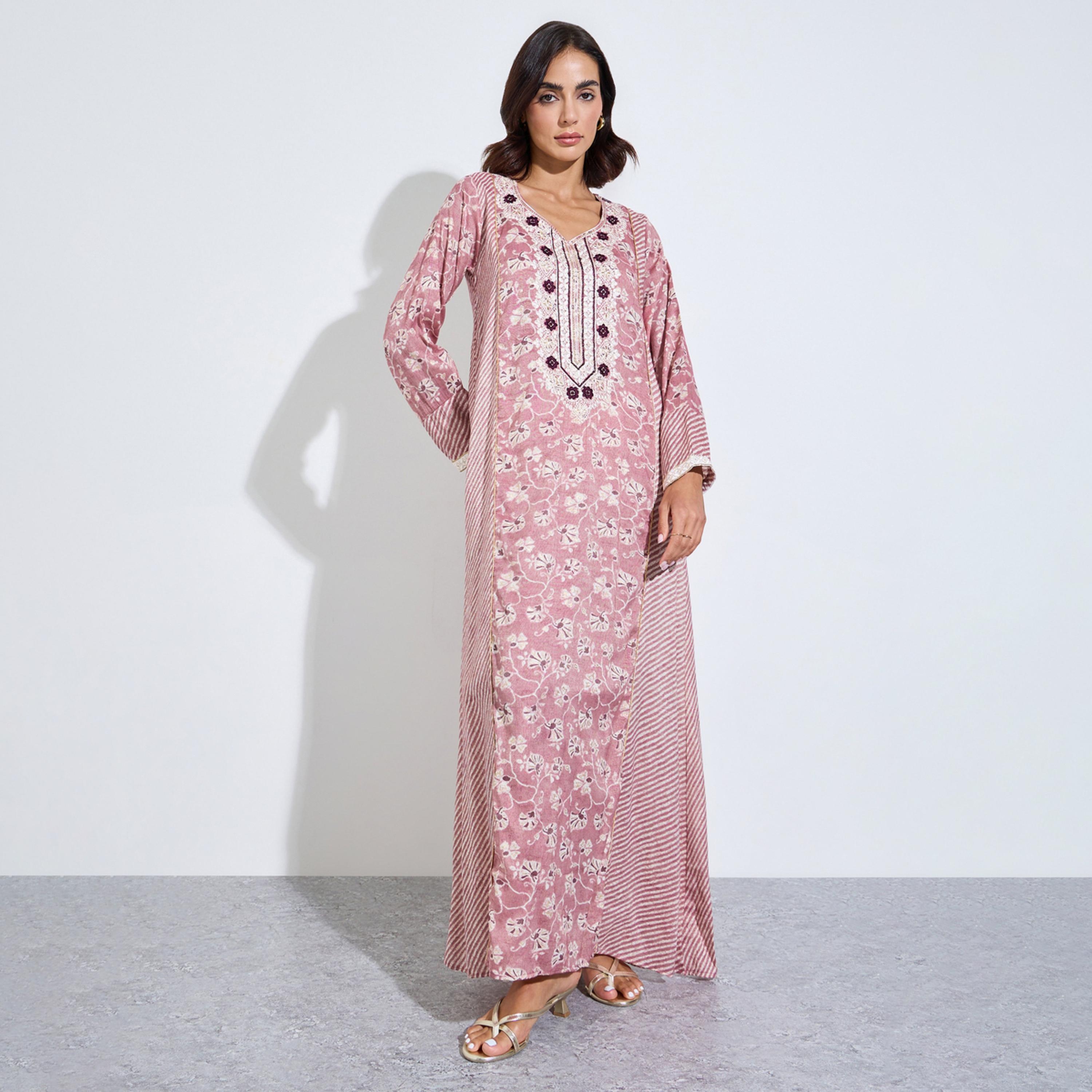 Amirah X Styli Pink Floral Embroidered Neck Maxi Jalabiya-women-arabicclothing-jalabiyas-image-1