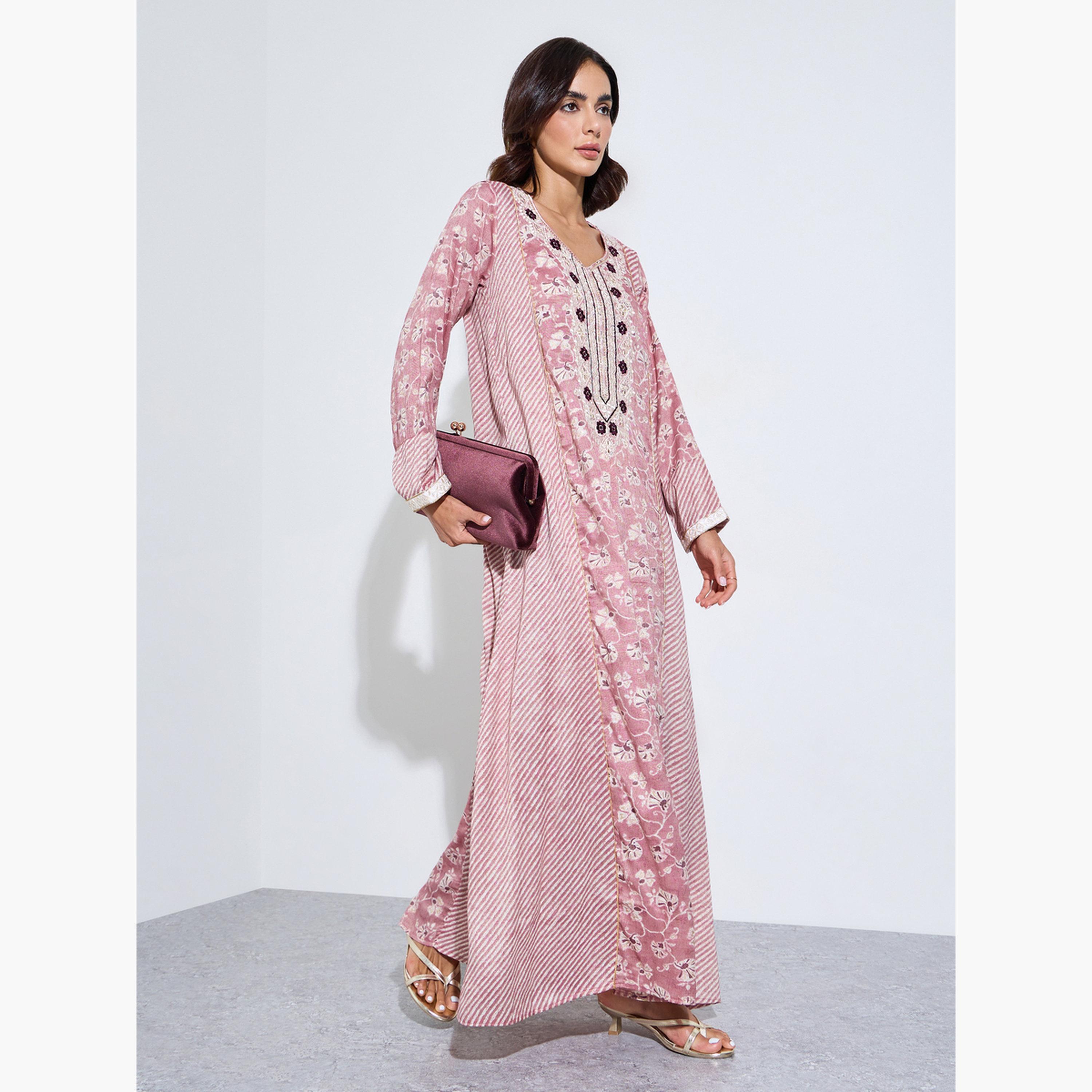 Amirah X Styli Pink Floral Embroidered Neck Maxi Jalabiya-women-arabicclothing-jalabiyas-image-3